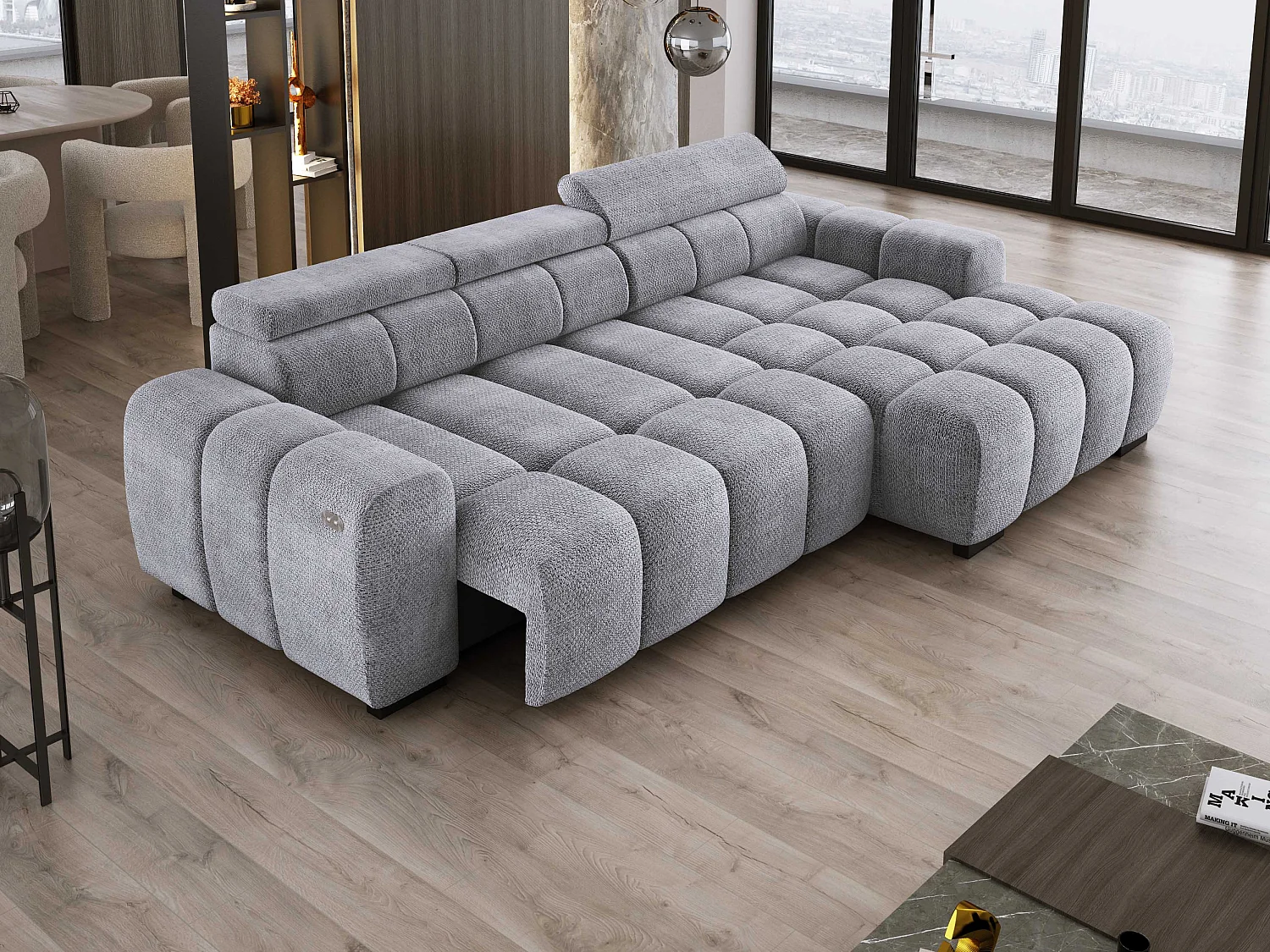 Hoekbank OMBO 285x168x77/97 cm, Rechterkant, Slaapfunctie, Elektrisch Uitschuifbaar Zitvlak, Verstelbare Hoofdsteunen, Zilveren EDEN-stof