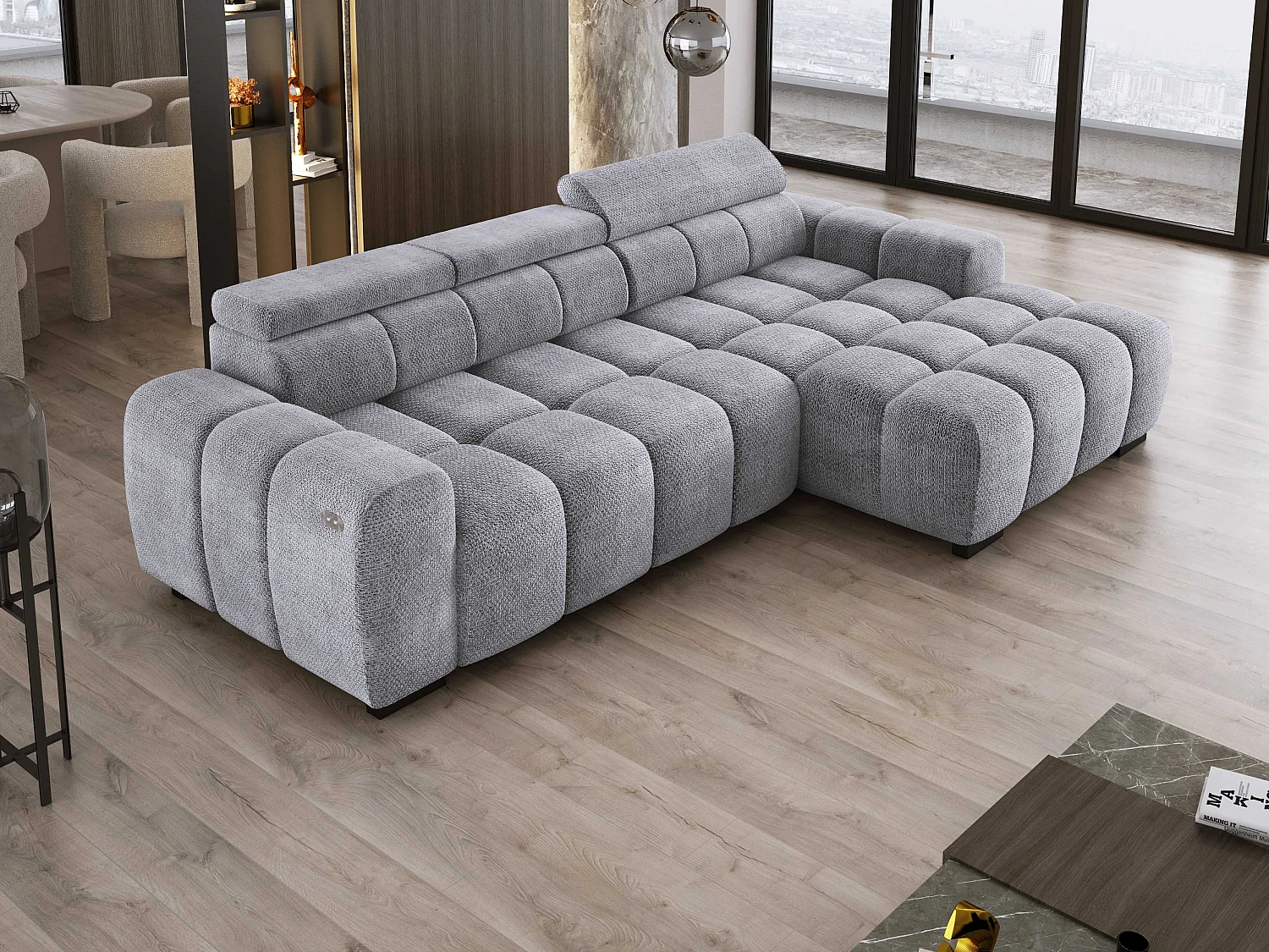 Hoekbank OMBO 285x168x77/97 cm, Rechterkant, Slaapfunctie, Elektrisch Uitschuifbaar Zitvlak, Verstelbare Hoofdsteunen, Zilveren EDEN-stof