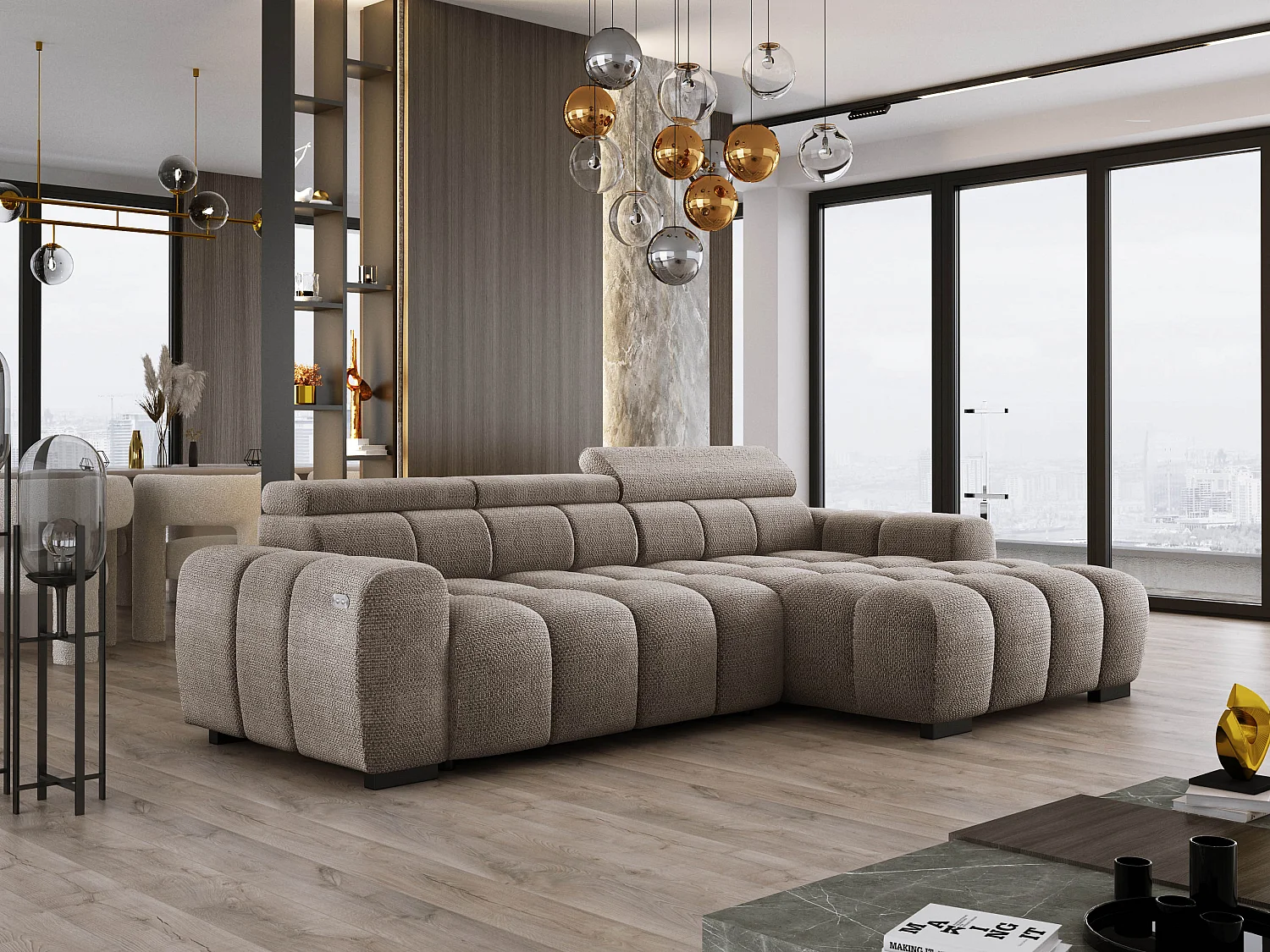 Hoekbank OMBO 285x168x77/97 cm, Rechterkant, Slaapfunctie, Elektrisch Uitschuifbaar Zitvlak, Verstelbare Hoofdsteunen, Cappuccino EDEN-stof