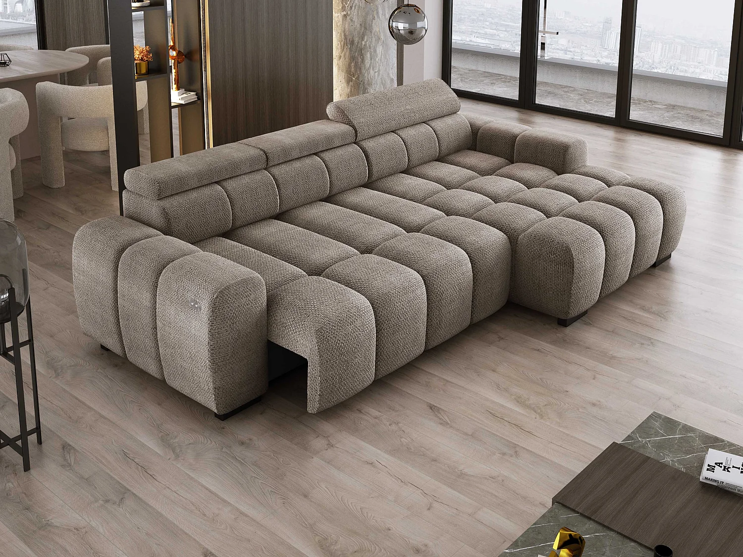 Hoekbank OMBO 285x168x77/97 cm, Rechterkant, Slaapfunctie, Elektrisch Uitschuifbaar Zitvlak, Verstelbare Hoofdsteunen, Cappuccino EDEN-stof