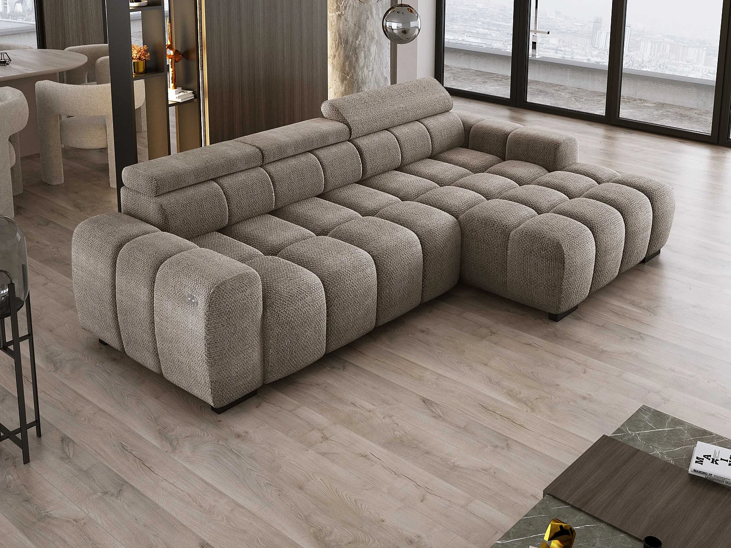 Hoekbank OMBO 285x168x77/97 cm, Rechterkant, Slaapfunctie, Elektrisch Uitschuifbaar Zitvlak, Verstelbare Hoofdsteunen, Cappuccino EDEN-stof