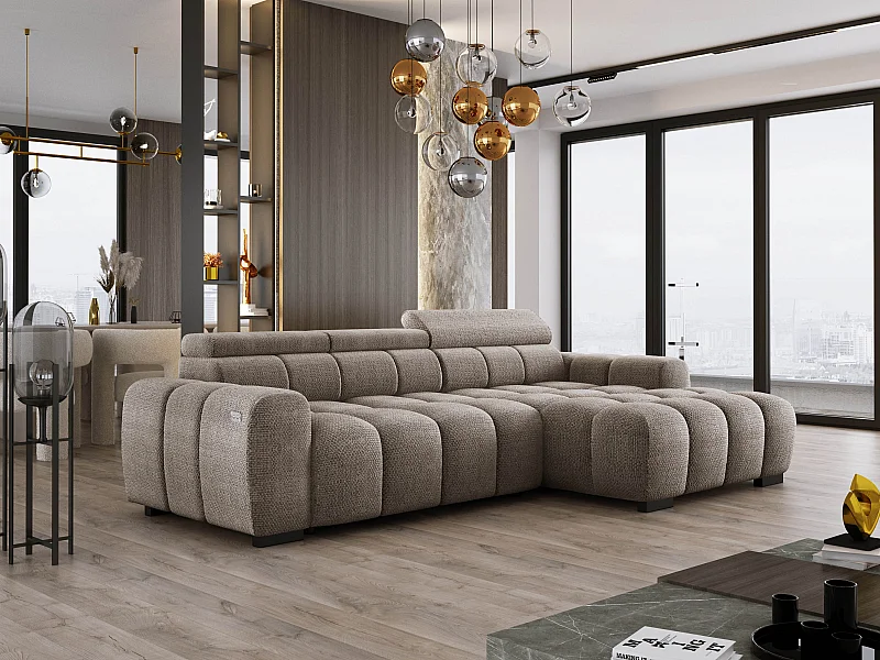 Hoekbank OMBO 285x168x77/97 cm, Rechterkant, Slaapfunctie, Elektrisch Uitschuifbaar Zitvlak, Verstelbare Hoofdsteunen, Cappuccino EDEN-stof