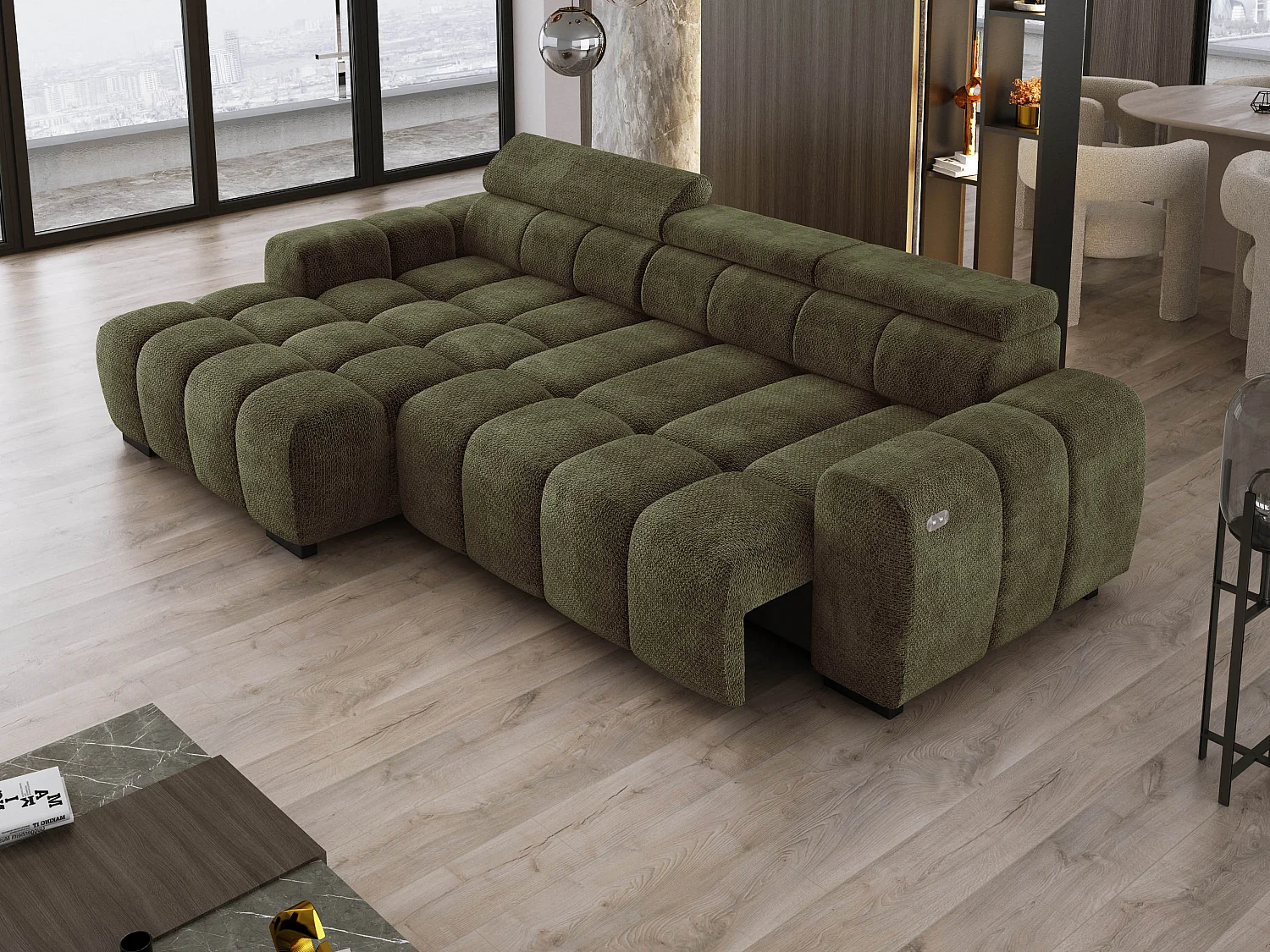 Hoekbank OMBO 285x168x77/97 cm, Linkerkant, Slaapfunctie, Elektrisch Uitschuifbaar Zitvlak, Verstelbare Hoofdsteunen, Olijfgroene EDEN-stof