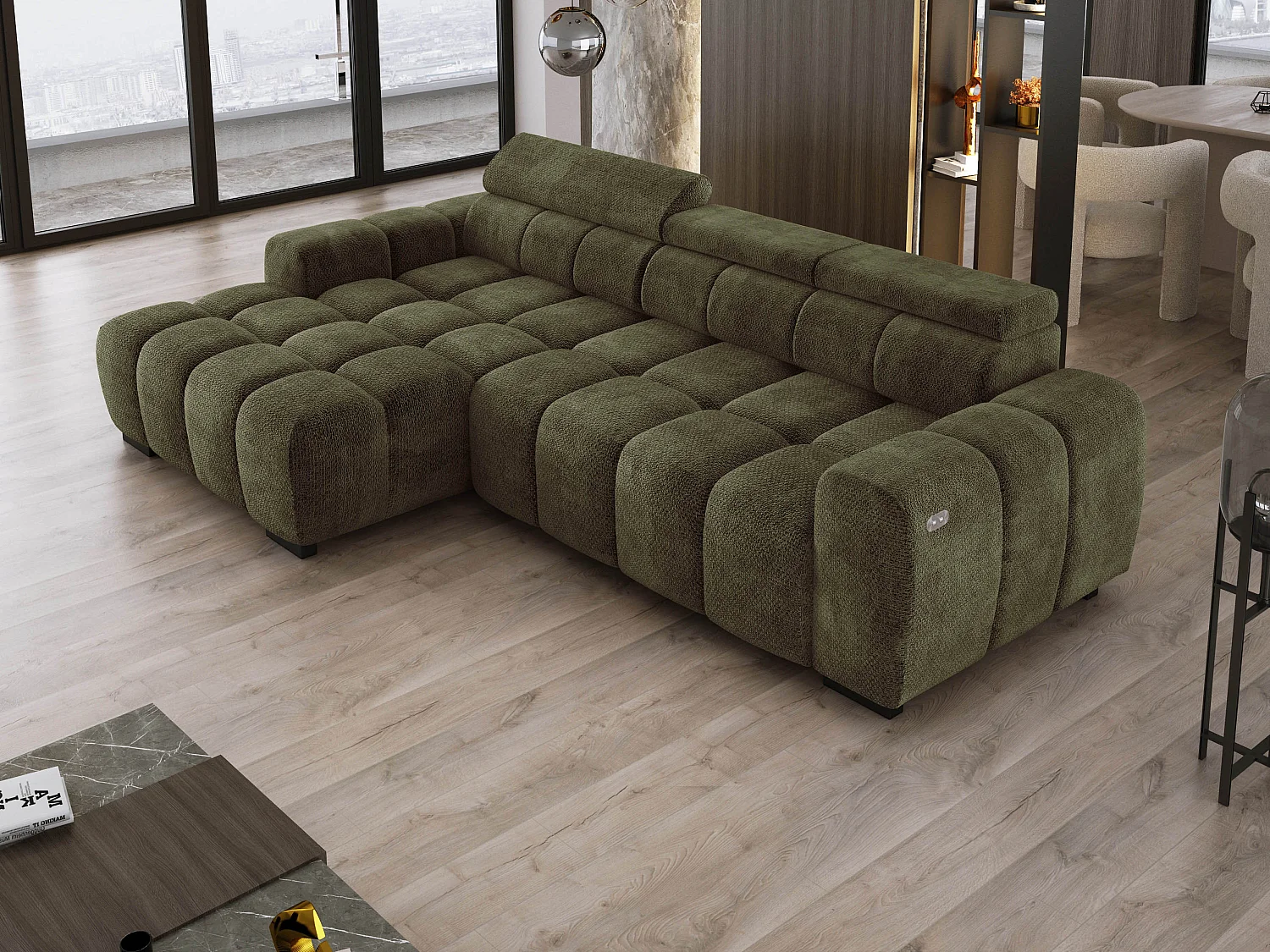 Hoekbank OMBO 285x168x77/97 cm, Linkerkant, Slaapfunctie, Elektrisch Uitschuifbaar Zitvlak, Verstelbare Hoofdsteunen, Olijfgroene EDEN-stof