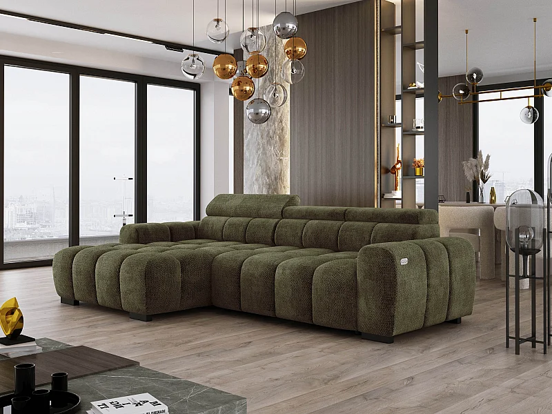 Hoekbank OMBO 285x168x77/97 cm, Linkerkant, Slaapfunctie, Elektrisch Uitschuifbaar Zitvlak, Verstelbare Hoofdsteunen, Olijfgroene EDEN-stof