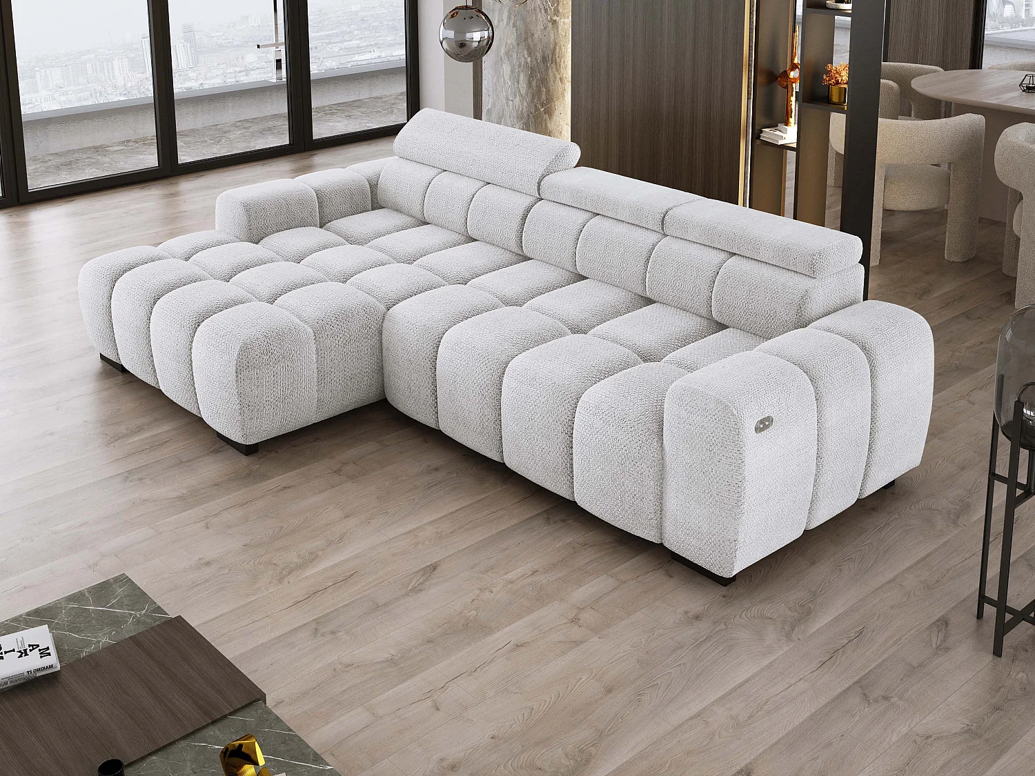 Ecksofa OMBO 285x168x77/97 cm, Links, Schlaffunktion, elektr. Sitz, Kopfstützen, Buche dunkel, hydrophober EDEN-Stoff – Esche