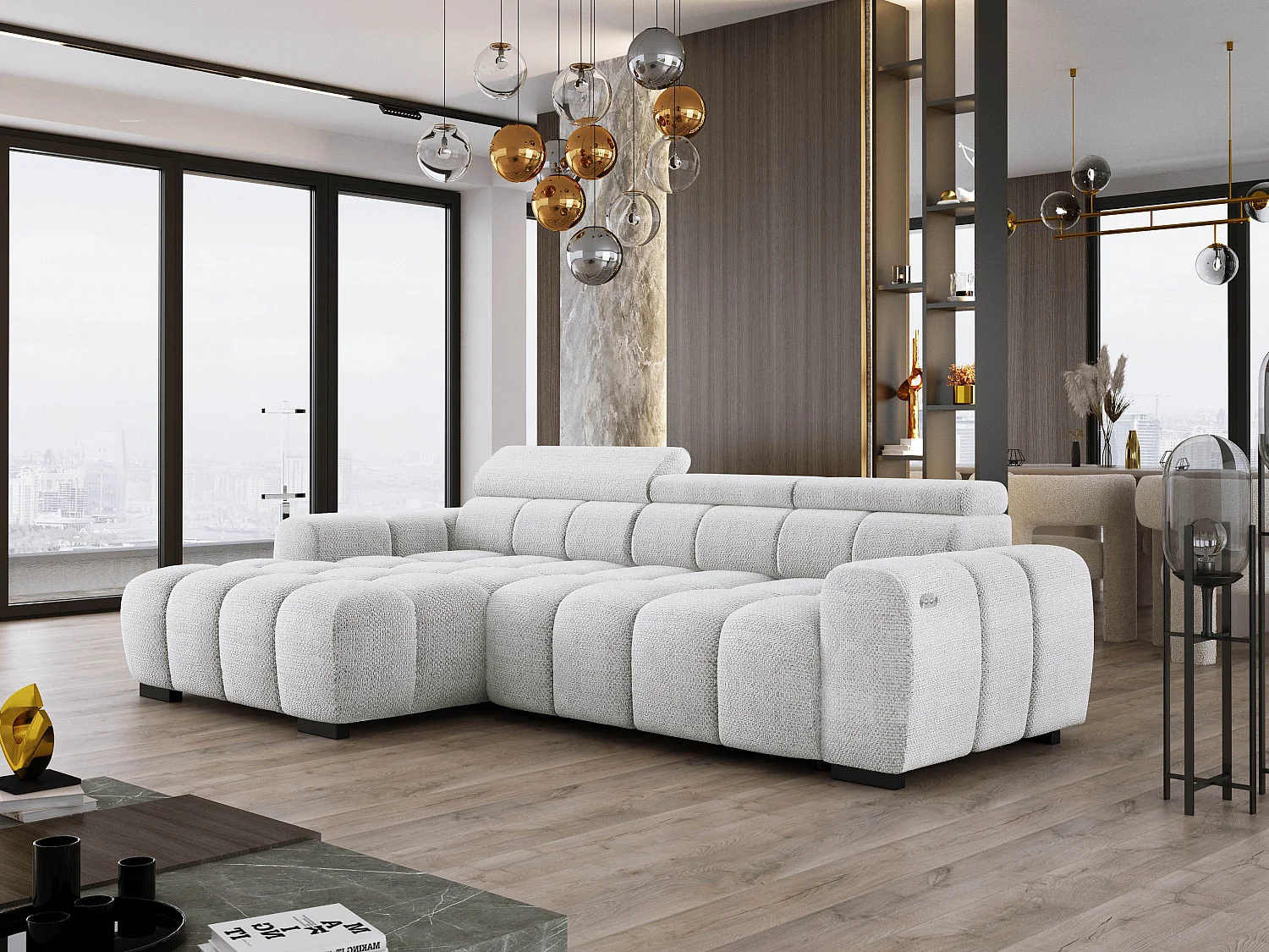 Ecksofa OMBO 285x168x77/97 cm, Links, Schlaffunktion, elektr. Sitz, Kopfstützen, Buche dunkel, hydrophober EDEN-Stoff – Esche