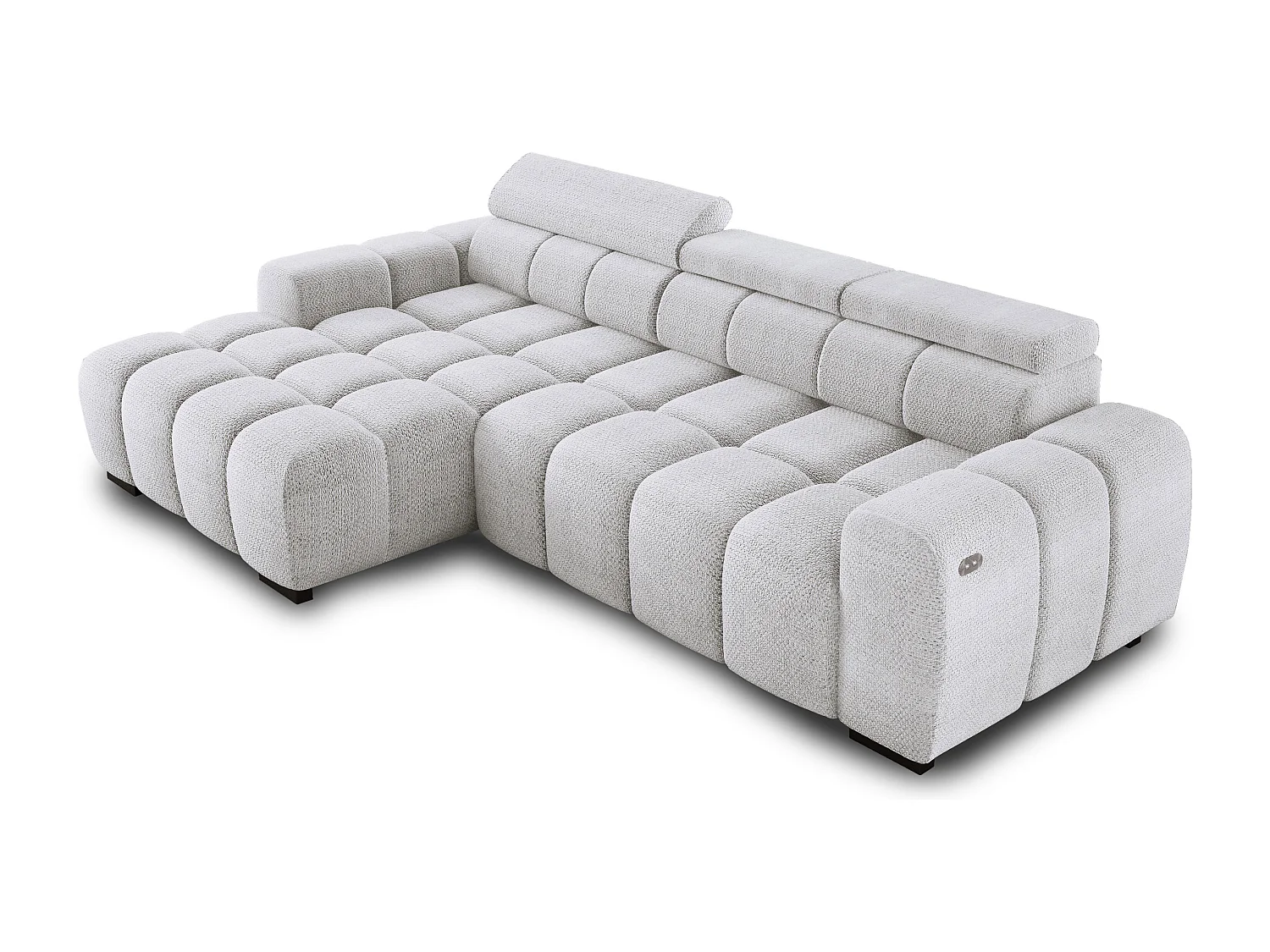 Ecksofa OMBO 285x168x77/97 cm, Links, Schlaffunktion, elektr. Sitz, Kopfstützen, Buche dunkel, hydrophober EDEN-Stoff – Esche