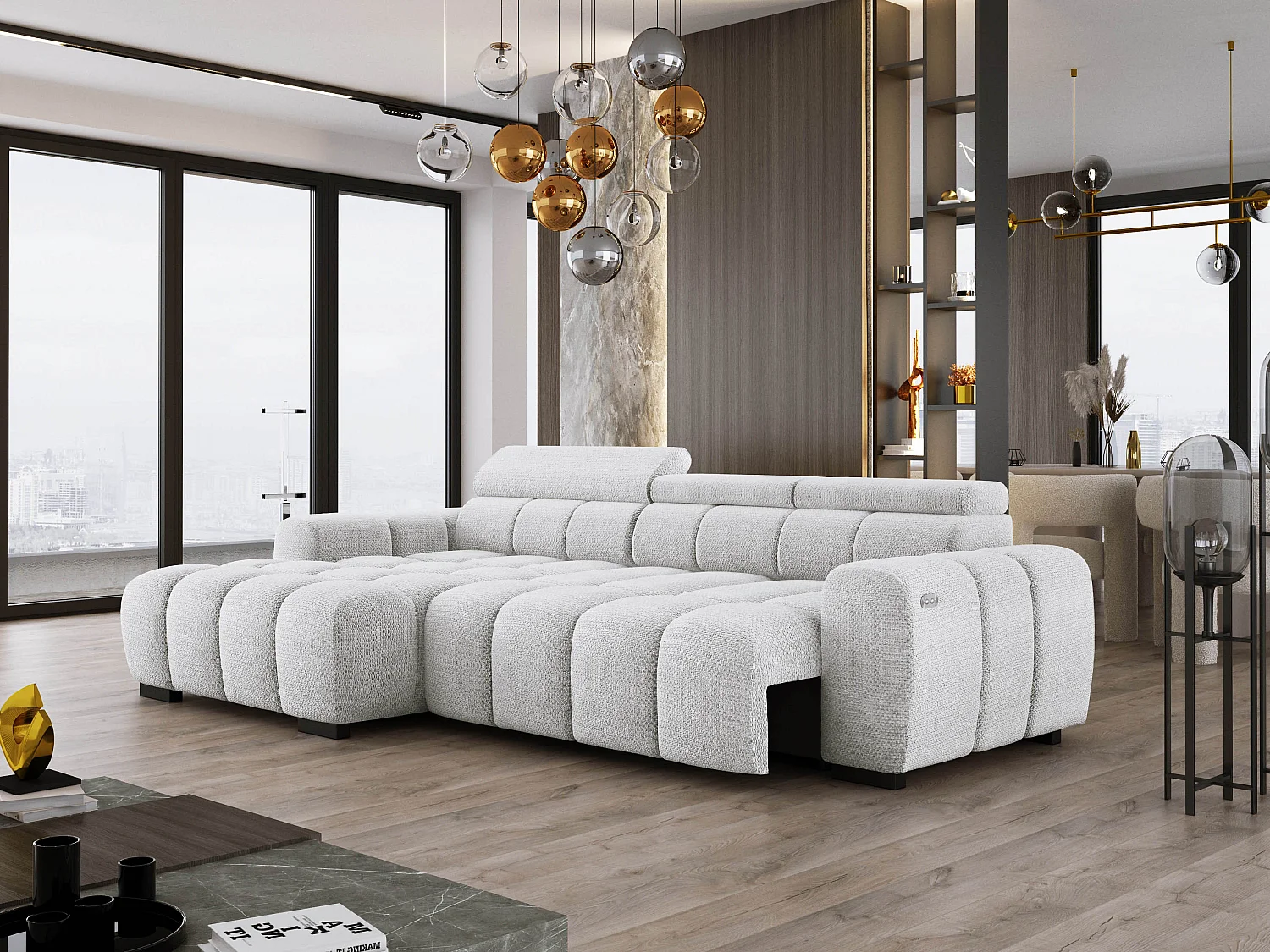 Ecksofa OMBO 285x168x77/97 cm, Links, Schlaffunktion, elektr. Sitz, Kopfstützen, Buche dunkel, hydrophober EDEN-Stoff – Esche