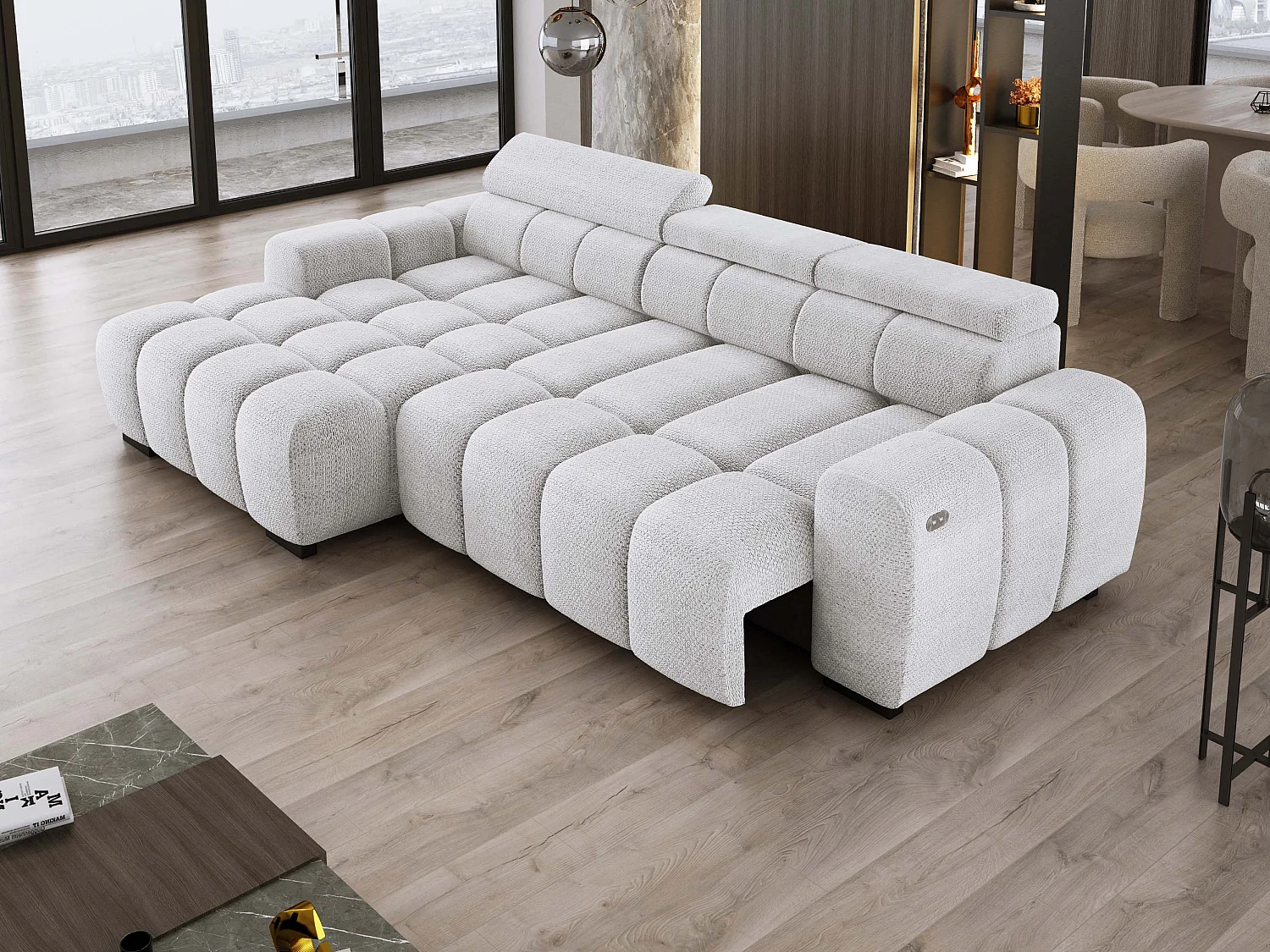 Ecksofa OMBO 285x168x77/97 cm, Links, Schlaffunktion, elektr. Sitz, Kopfstützen, Buche dunkel, hydrophober EDEN-Stoff – Esche