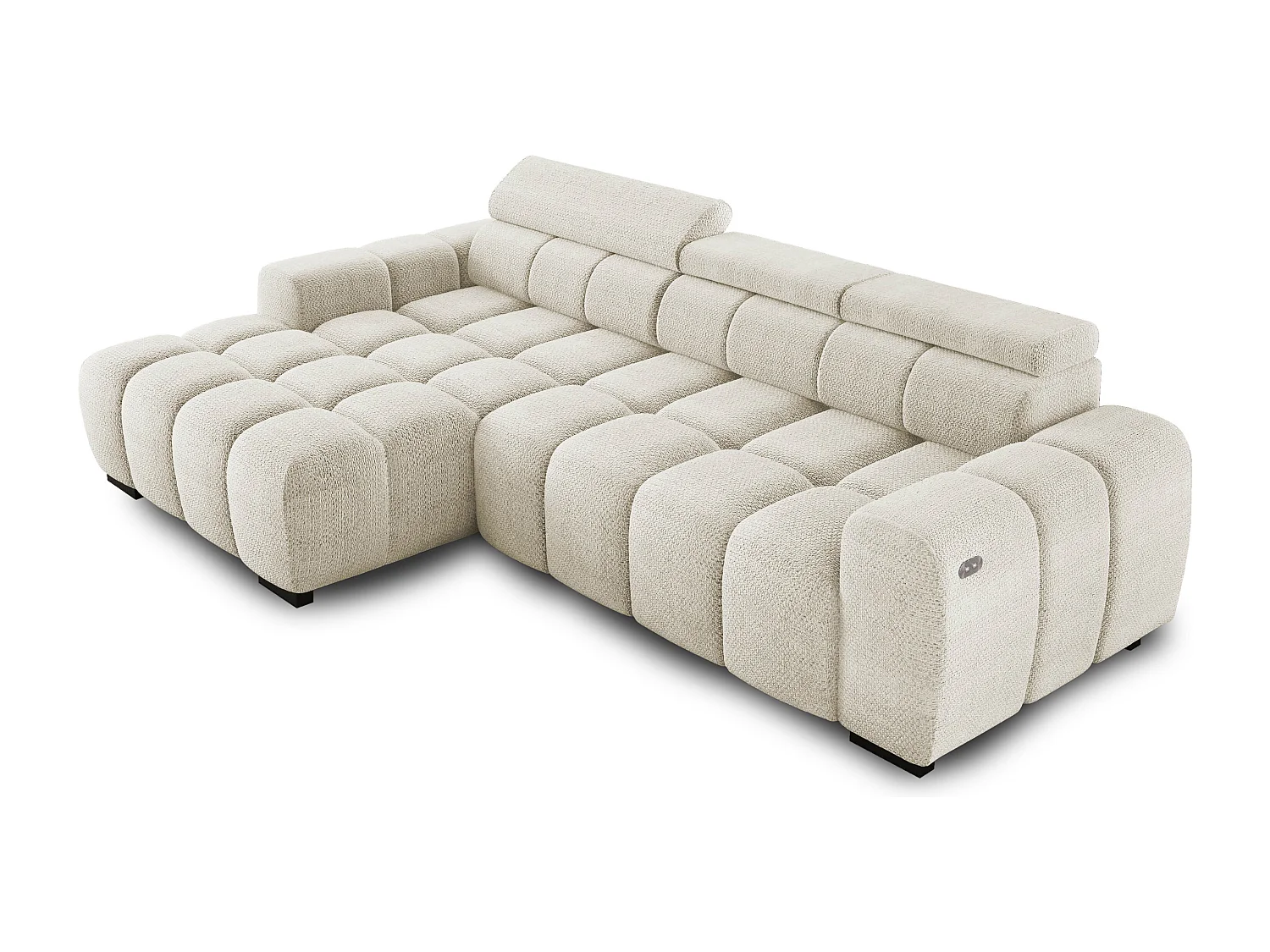 Narożnik OMBO 285x168x77/97 cm, Lewy, Spanie, elektr. siedzisko, zagłówki, ciemna bukowa noga, hydrofobowy materiał EDEN – Biały