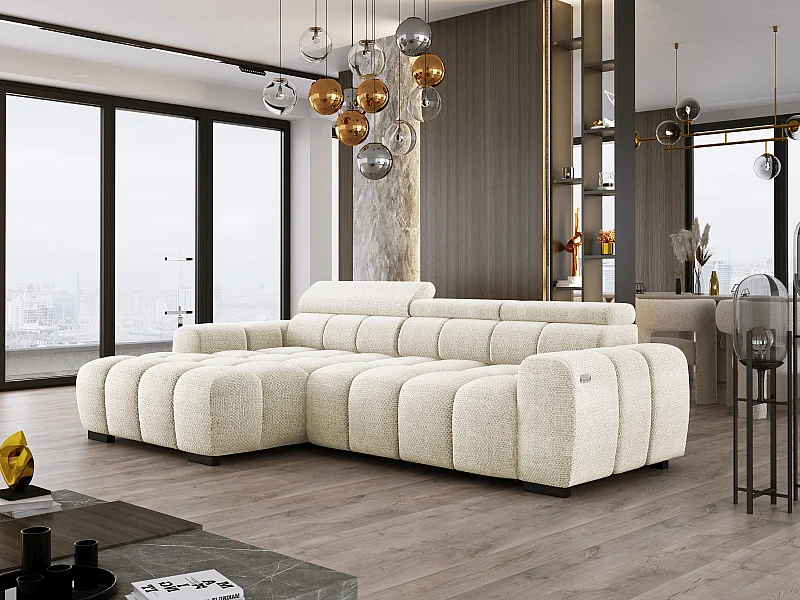 Canapé d'angle OMBO 285x168x77/97 cm, gauche, convertible, siège électr., appuie-têtes, hêtre foncé, tissu hydrophobe EDEN – Blanc