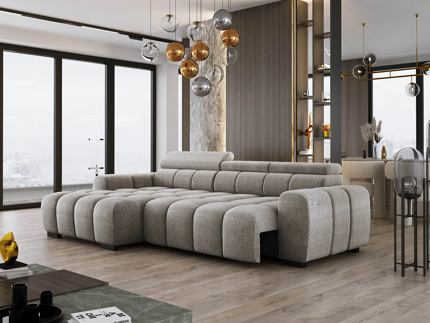 Hoekbank OMBO 285x168x77/97 cm, Linkerkant, Slaapfunctie, Elektrisch Uitschuifbaar Zitvlak, Verstelbare Hoofdsteunen, Grijze EDEN-stof