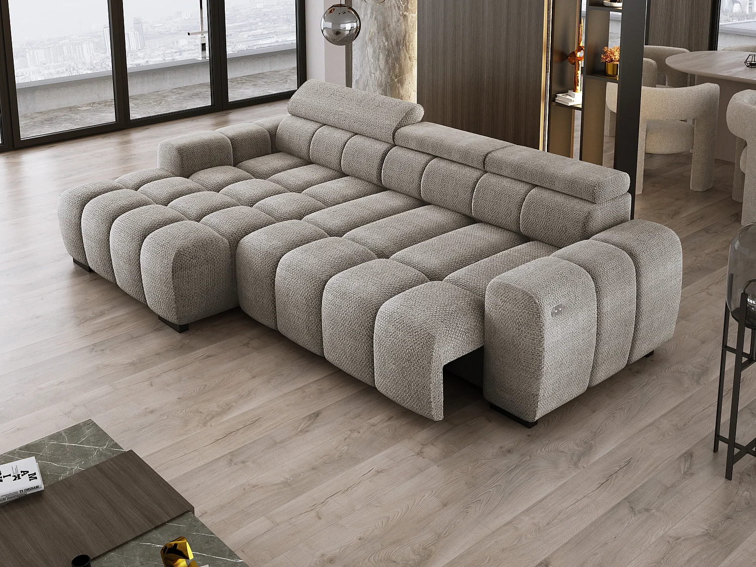 Hoekbank OMBO 285x168x77/97 cm, Linkerkant, Slaapfunctie, Elektrisch Uitschuifbaar Zitvlak, Verstelbare Hoofdsteunen, Grijze EDEN-stof