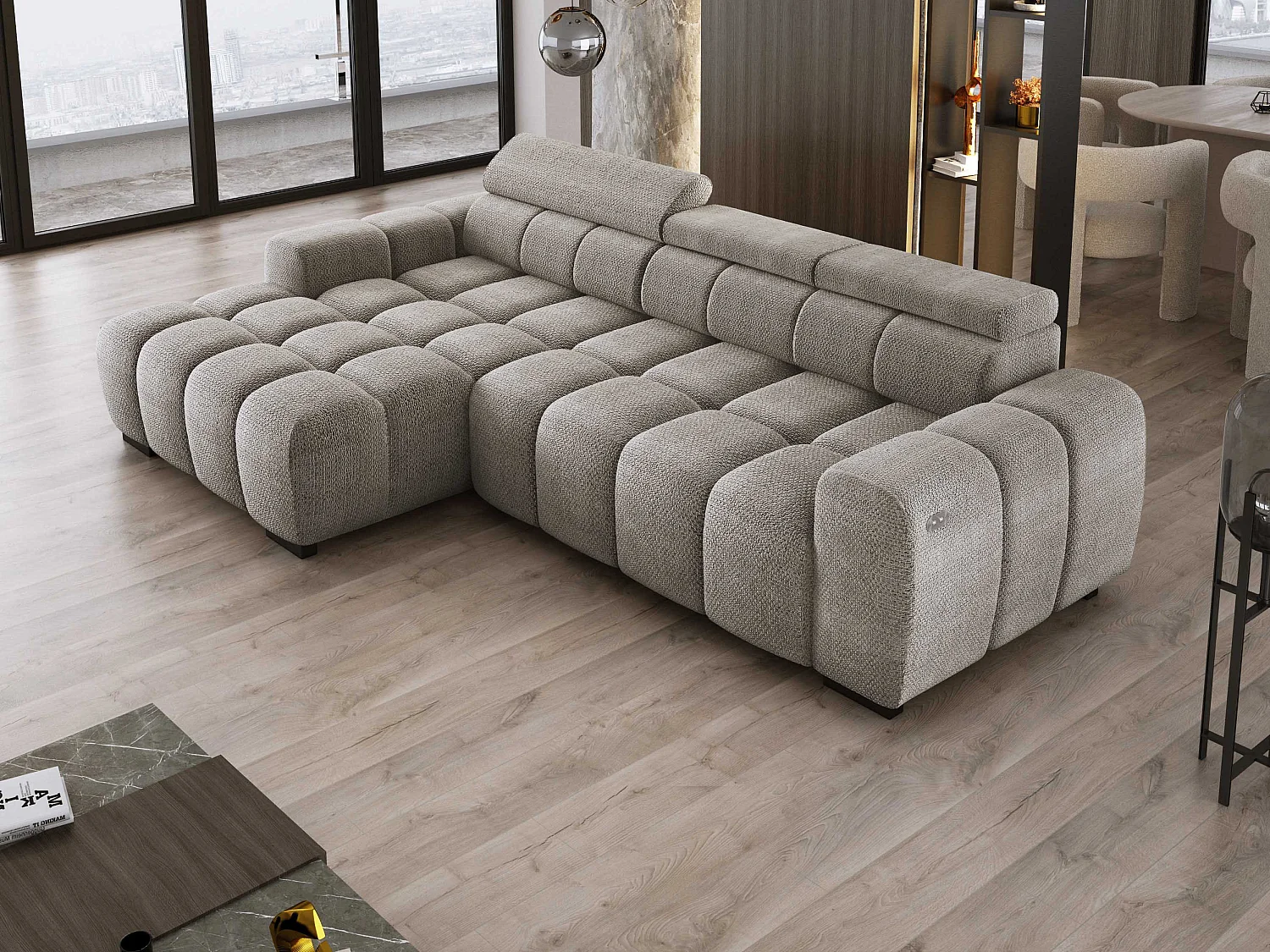 Hoekbank OMBO 285x168x77/97 cm, Linkerkant, Slaapfunctie, Elektrisch Uitschuifbaar Zitvlak, Verstelbare Hoofdsteunen, Grijze EDEN-stof