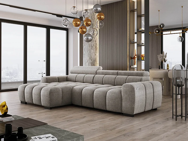 Canapé d'angle OMBO 285x168x77/97 cm, gauche, convertible, siège électr., appuie-têtes, hêtre foncé, tissu hydrophobe EDEN – Gris