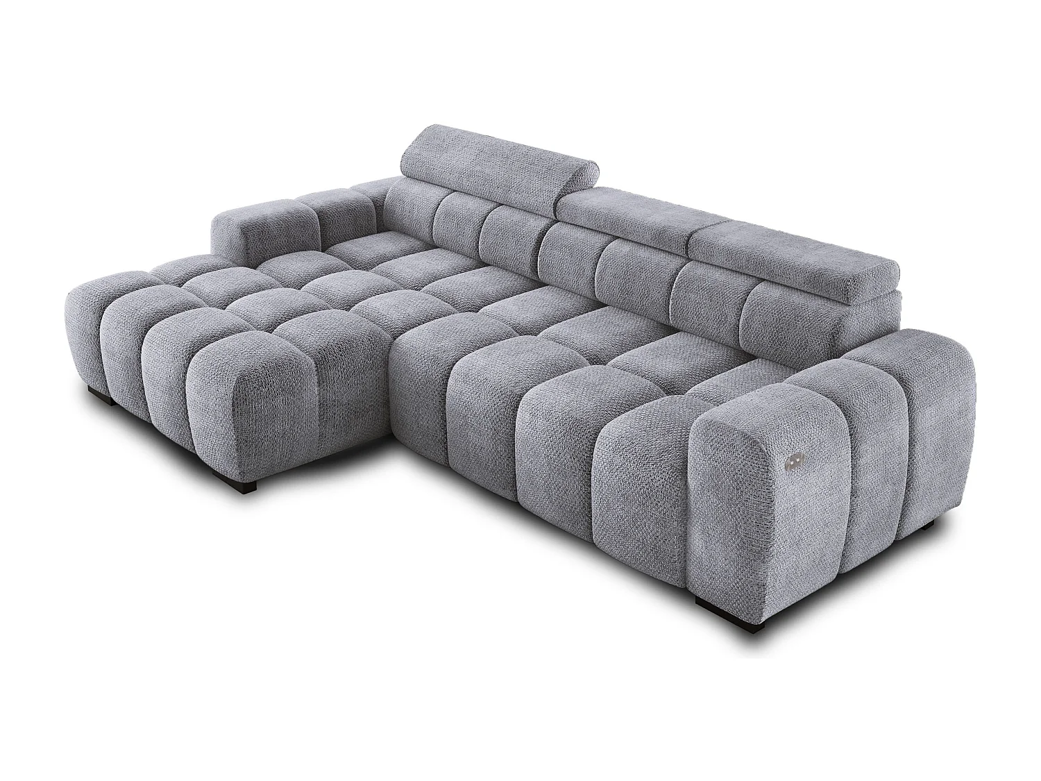Ecksofa OMBO 285x168x77/97 cm, Links, Schlaffunktion, elektr. Sitz, Kopfstützen, Buche dunkel, hydrophober EDEN-Stoff – Silber