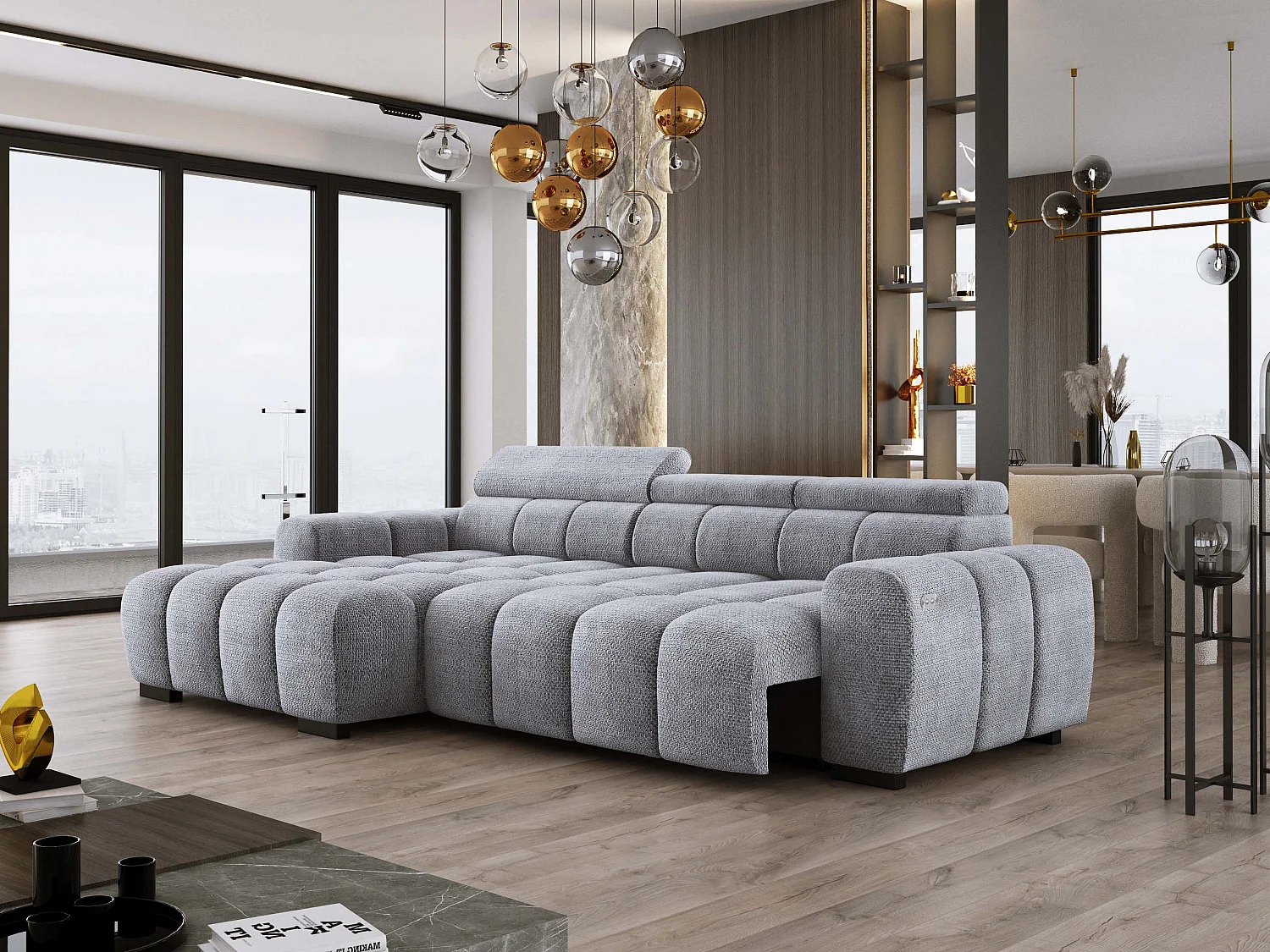 Ecksofa OMBO 285x168x77/97 cm, Links, Schlaffunktion, elektr. Sitz, Kopfstützen, Buche dunkel, hydrophober EDEN-Stoff – Silber