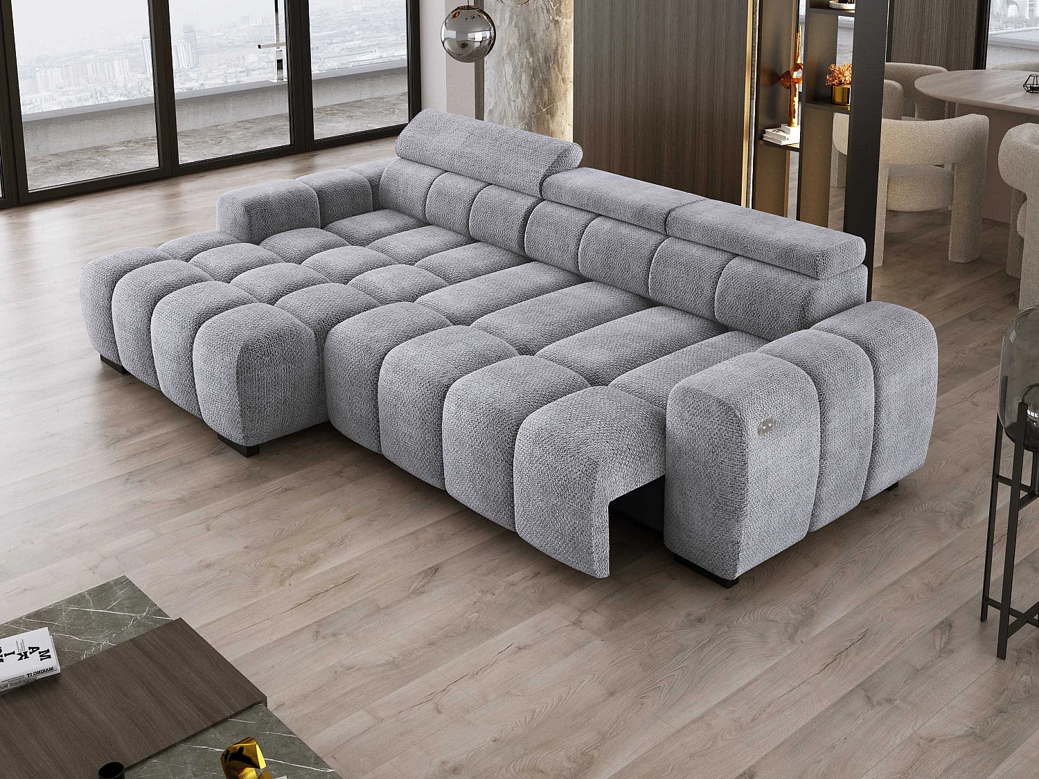 Ecksofa OMBO 285x168x77/97 cm, Links, Schlaffunktion, elektr. Sitz, Kopfstützen, Buche dunkel, hydrophober EDEN-Stoff – Silber