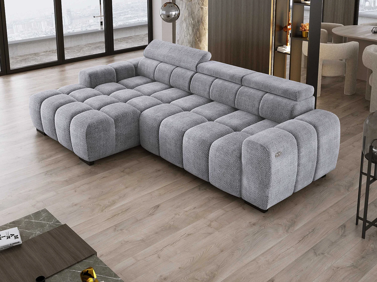 Ecksofa OMBO 285x168x77/97 cm, Links, Schlaffunktion, elektr. Sitz, Kopfstützen, Buche dunkel, hydrophober EDEN-Stoff – Silber