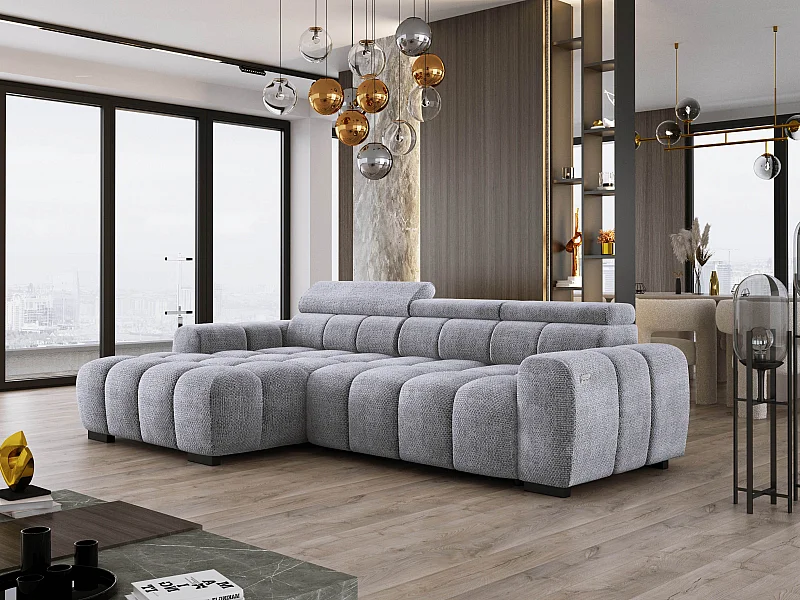 Canapé d'angle OMBO 285x168x77/97 cm, gauche, convertible, siège électr., appuie-têtes, hêtre foncé, tissu hydrophobe EDEN – Argent