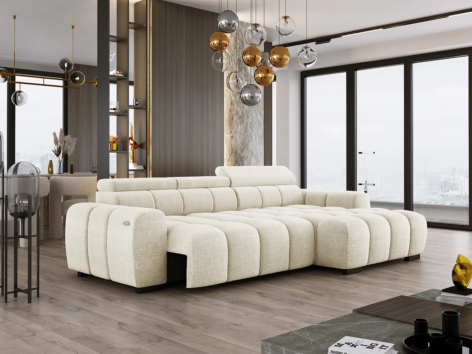 Ecksofa OMBO 285x168x77/97 cm, Rechts, Schlaffunktion, elektr. Sitz, Kopfstützen, Buche dunkel, hydrophober EDEN-Stoff – Weiß