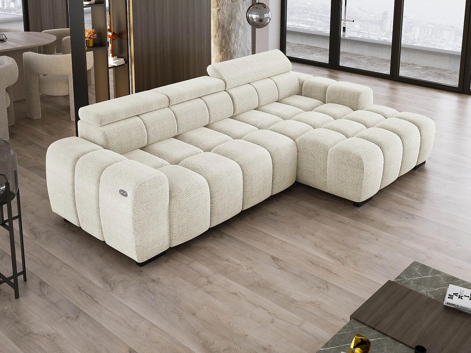 Ecksofa OMBO 285x168x77/97 cm, Rechts, Schlaffunktion, elektr. Sitz, Kopfstützen, Buche dunkel, hydrophober EDEN-Stoff – Weiß