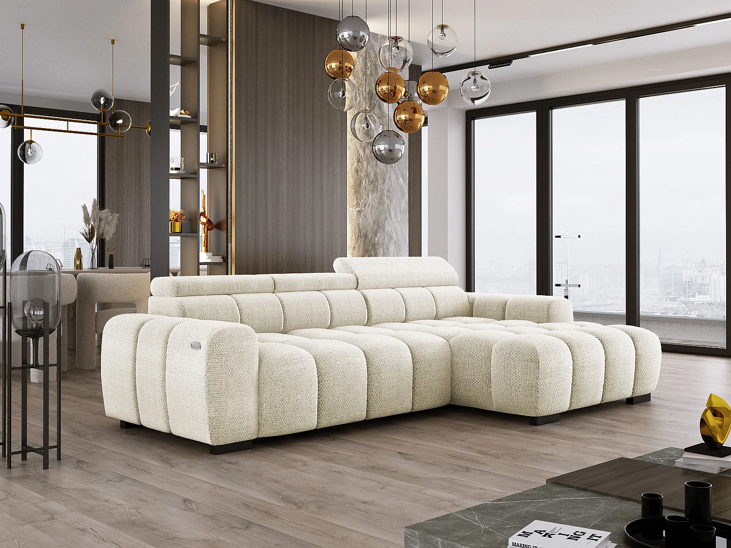 Ecksofa OMBO 285x168x77/97 cm, Rechts, Schlaffunktion, elektr. Sitz, Kopfstützen, Buche dunkel, hydrophober EDEN-Stoff – Weiß