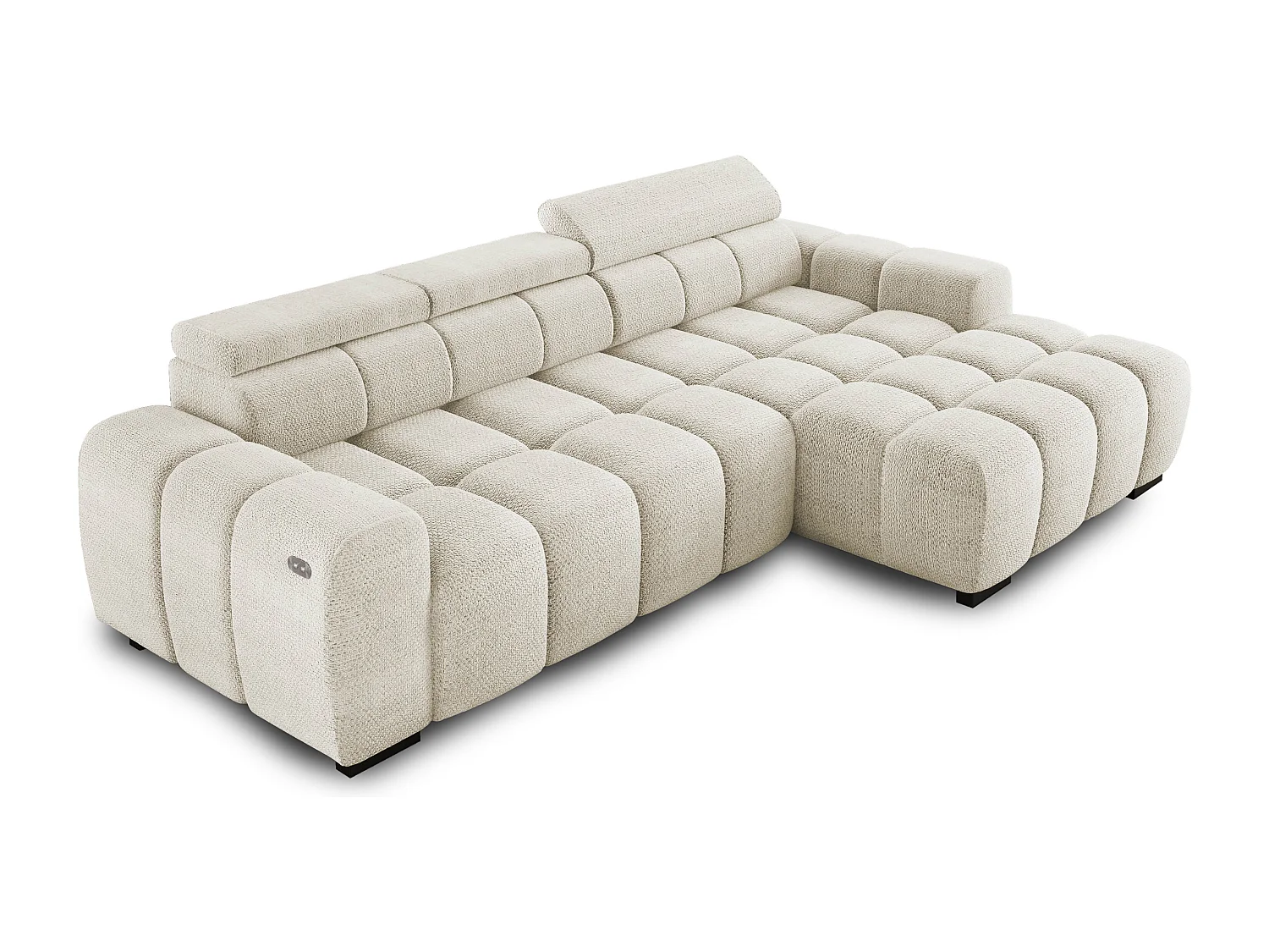 Ecksofa OMBO 285x168x77/97 cm, Rechts, Schlaffunktion, elektr. Sitz, Kopfstützen, Buche dunkel, hydrophober EDEN-Stoff – Weiß