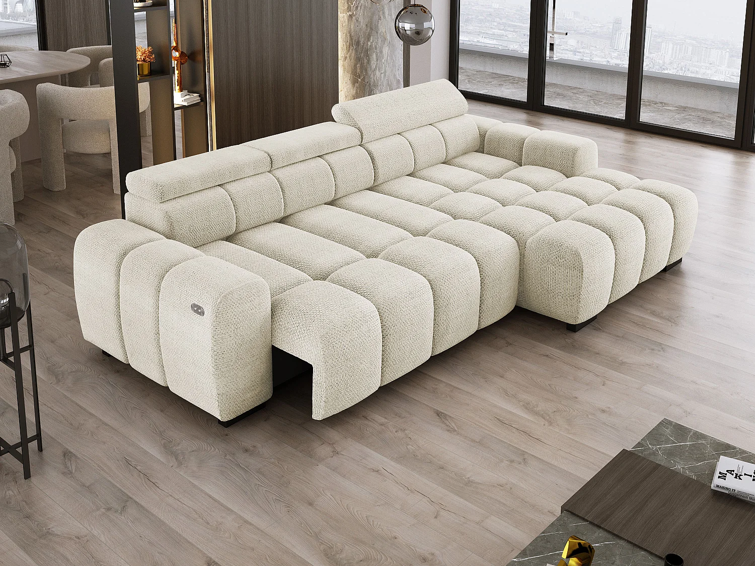 Ecksofa OMBO 285x168x77/97 cm, Rechts, Schlaffunktion, elektr. Sitz, Kopfstützen, Buche dunkel, hydrophober EDEN-Stoff – Weiß
