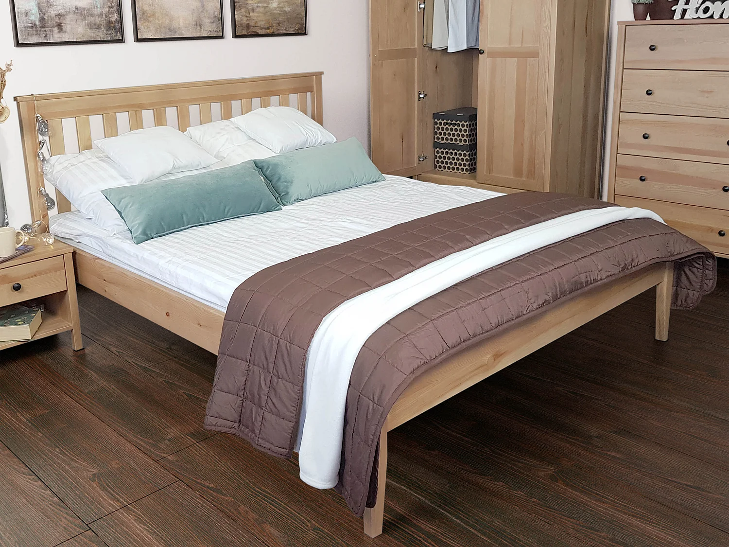 Lit double 140x200 en bois massif avec tête de lit, sommier, GRES, couleur chêne MD24