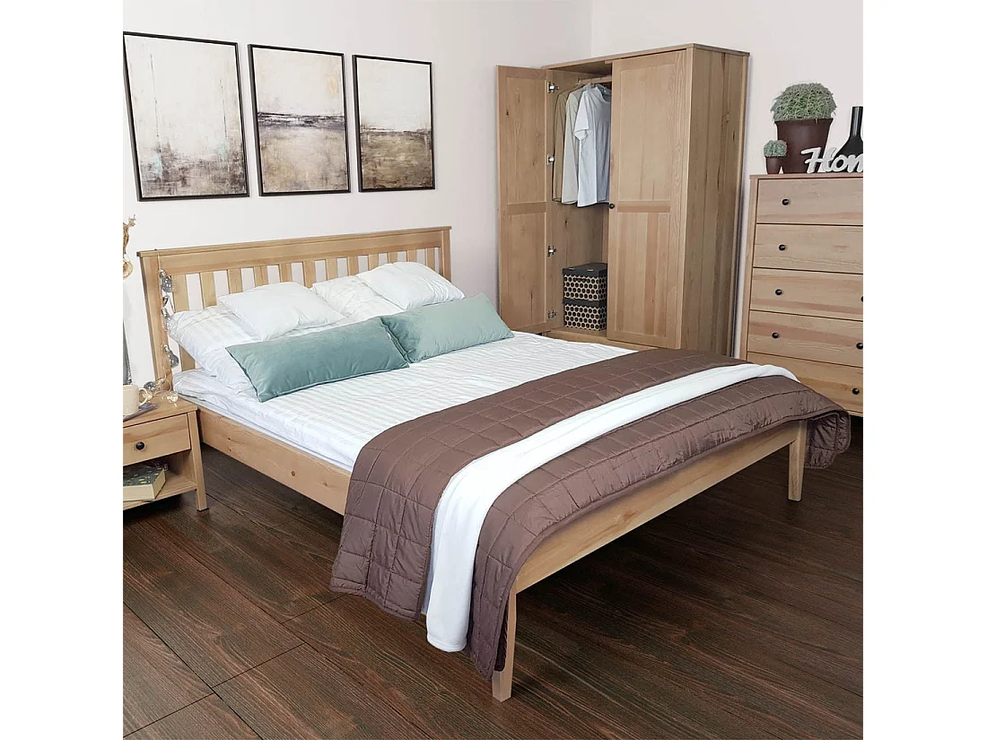 Lit double 140x200 en bois massif avec tête de lit, sommier, GRES, couleur chêne MD24