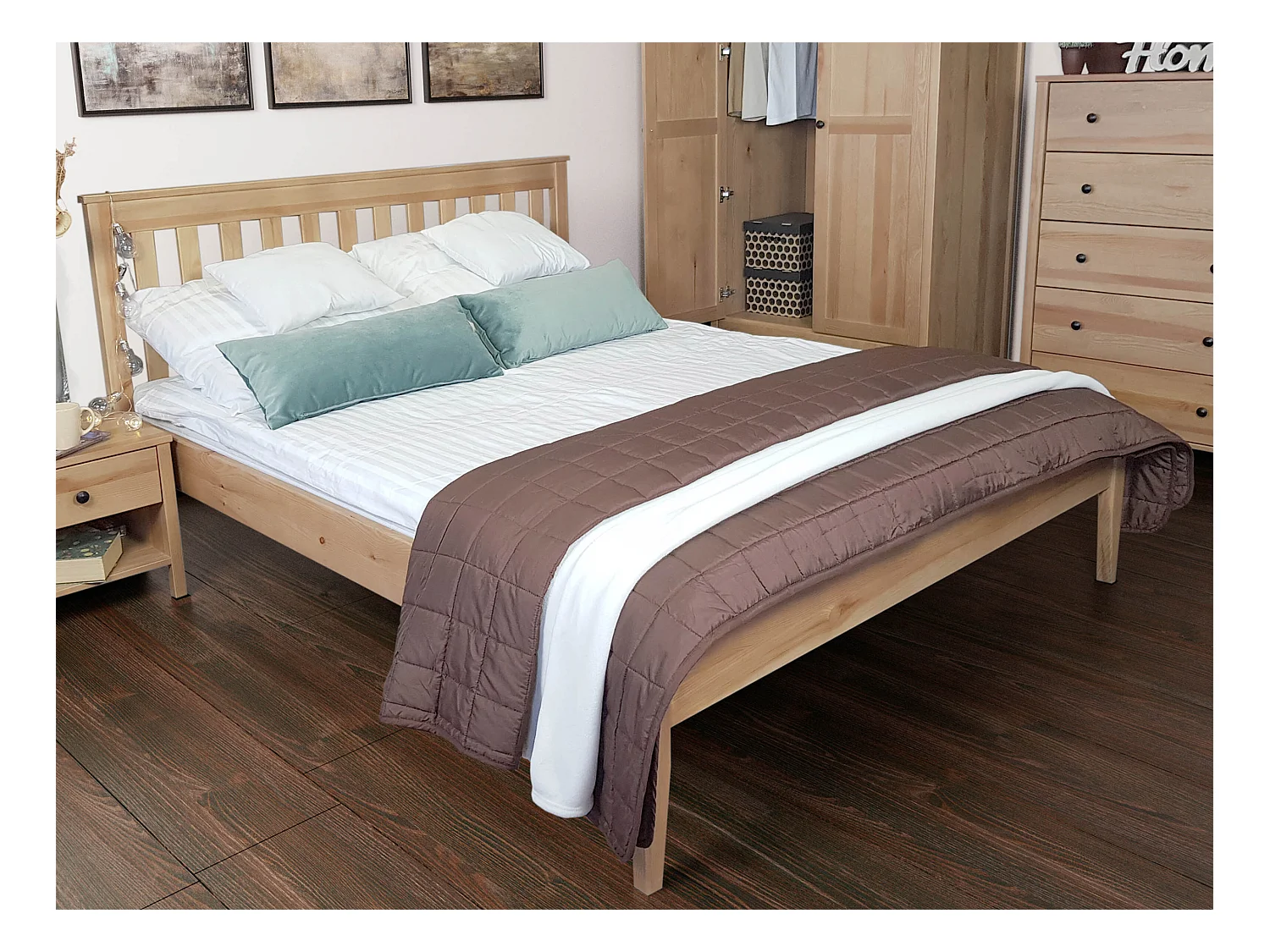 Lit double 140x200 en bois massif avec tête de lit, sommier, GRES, couleur chêne MD24