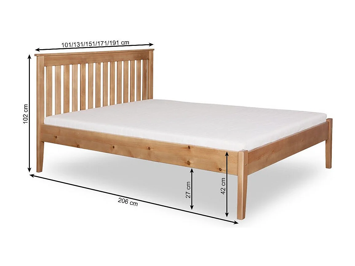 Lit double 140x200 en bois massif avec tête de lit, sommier, GRES, couleur chêne MD24