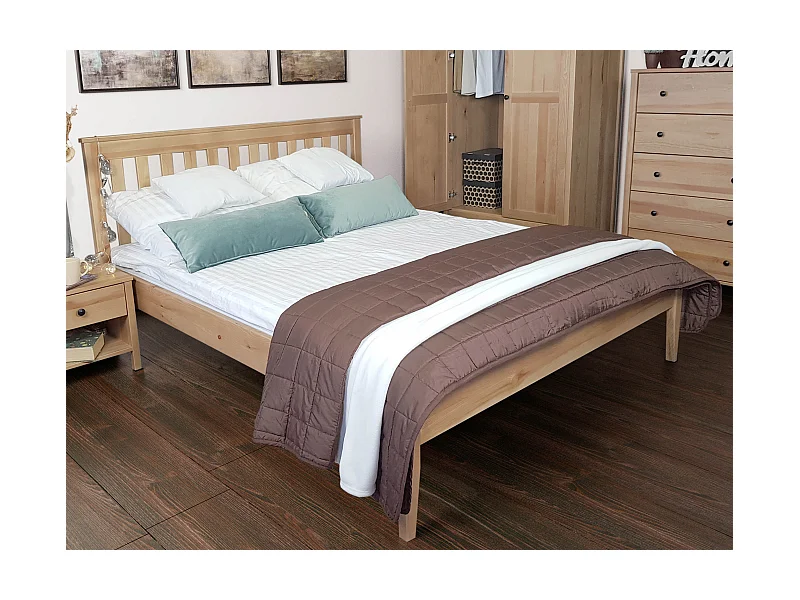 Lit double 160x200 en bois massif avec tête de lit, sommier, GRES, couleur chêne MD24