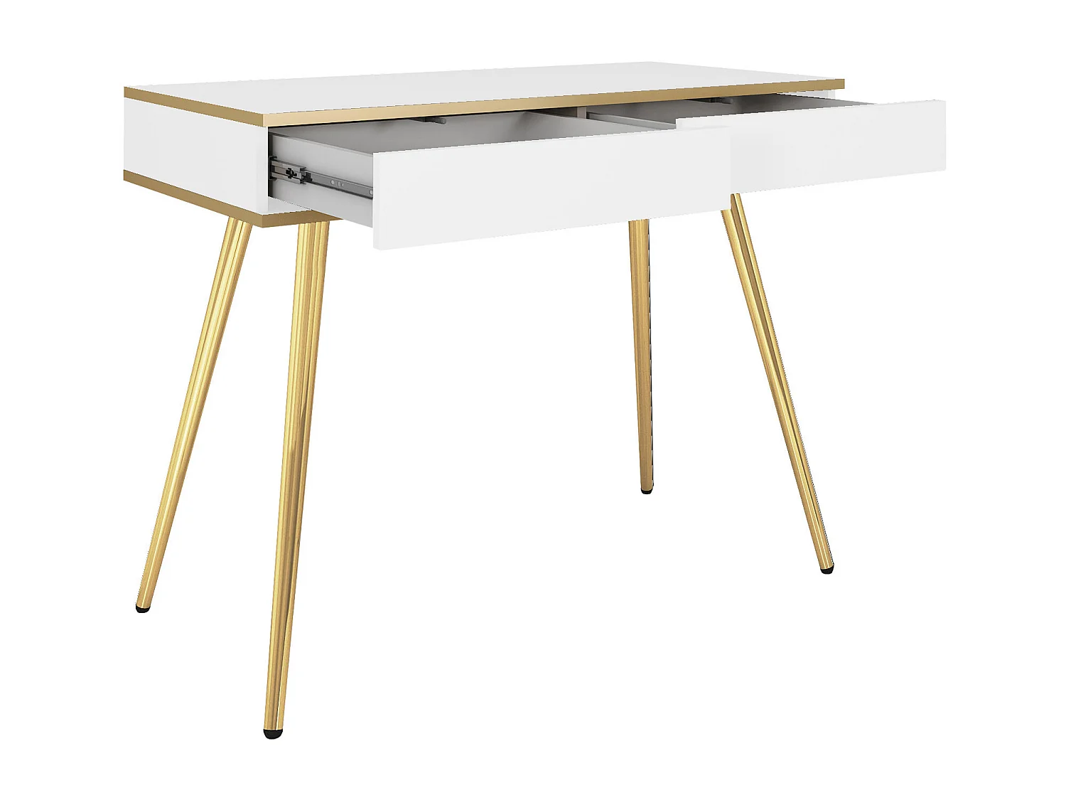 Schminktisch 102x80x50 cm, Weiß, 2 Schubladen, glatte Front, kratzfeste Platte, Metallbeine Gold, Push-to-Open