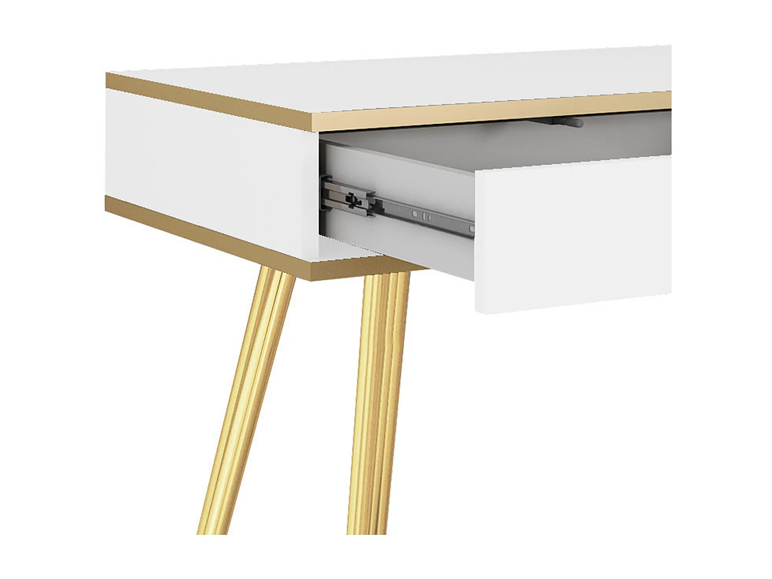 Schminktisch 102x80x50 cm, Weiß, 2 Schubladen, glatte Front, kratzfeste Platte, Metallbeine Gold, Push-to-Open