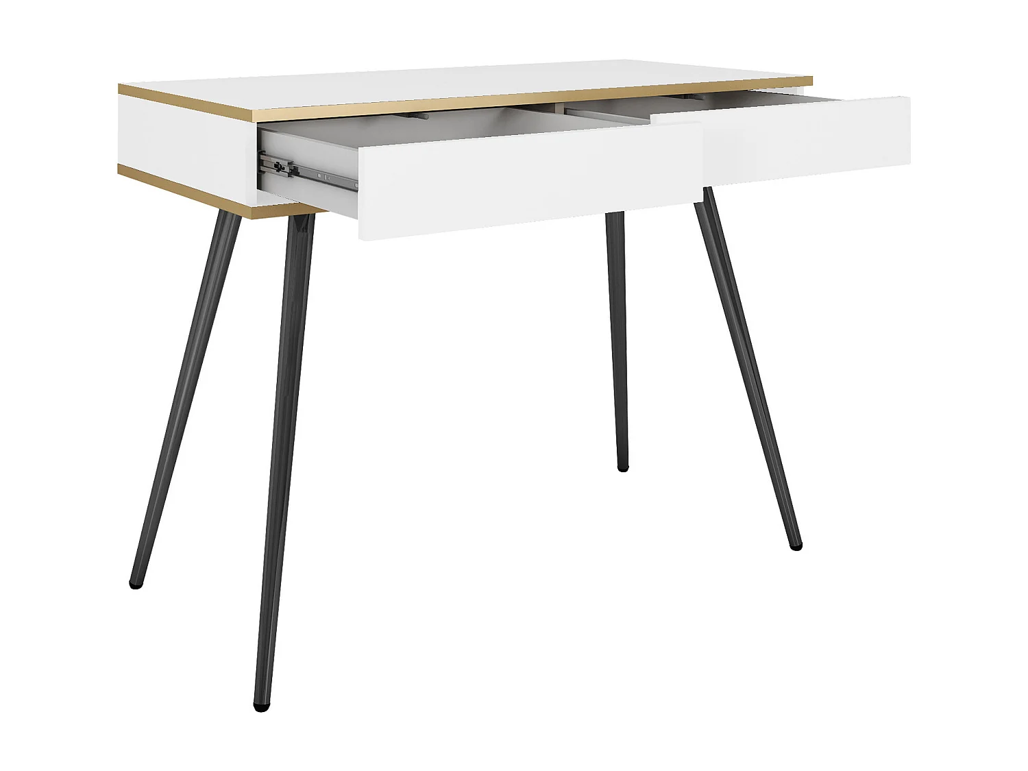 Schminktisch 102x80x50 cm, Weiß, 2 Schubladen, glatte Front, kratzfeste Platte, Metallbeine Schwarz, Push-to-Open