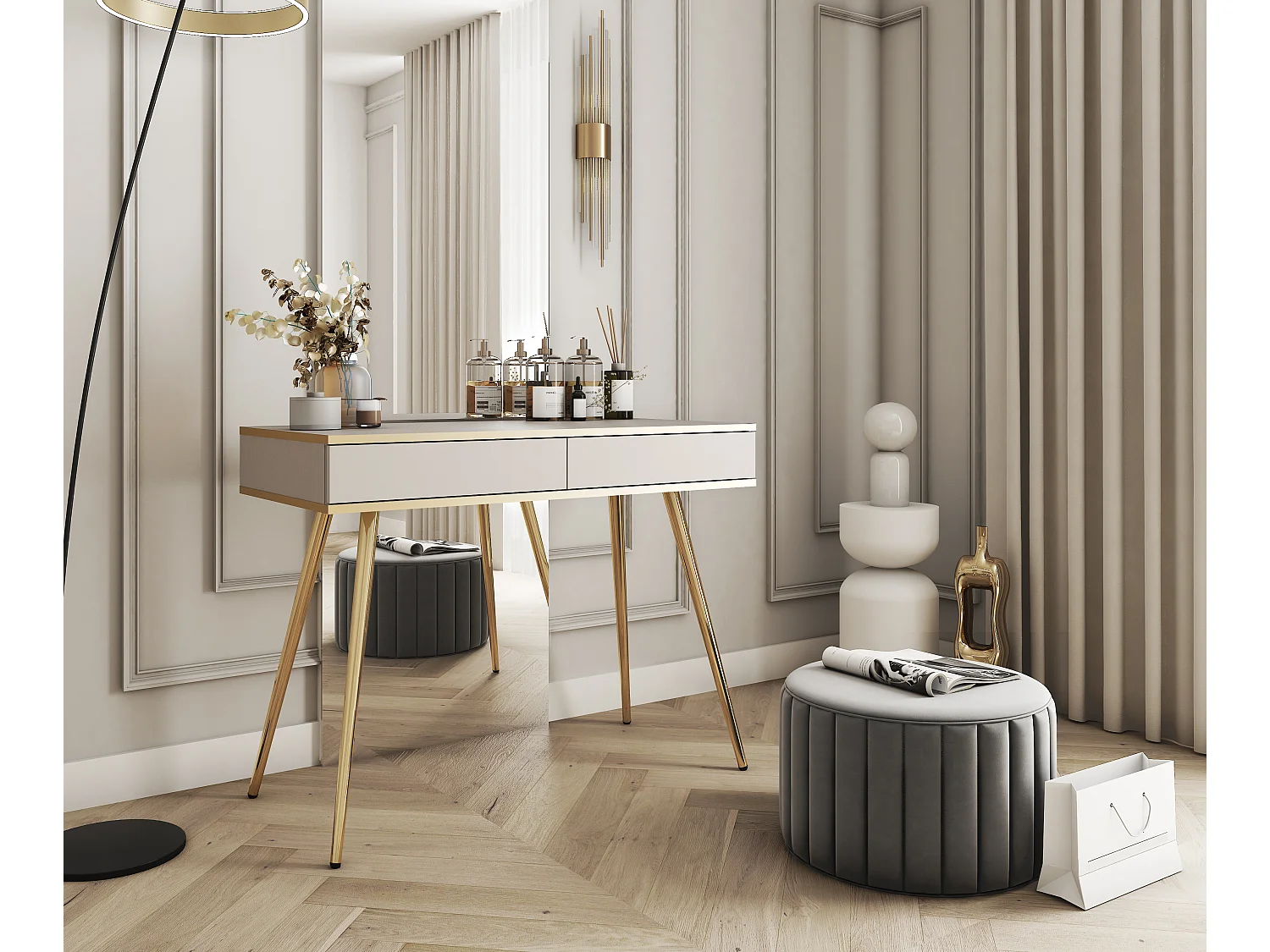 Schminktisch 102x80x50 cm, Beige, 2 Schubladen, glatte Front, kratzfeste Platte, Metallbeine Gold, Push-to-Open