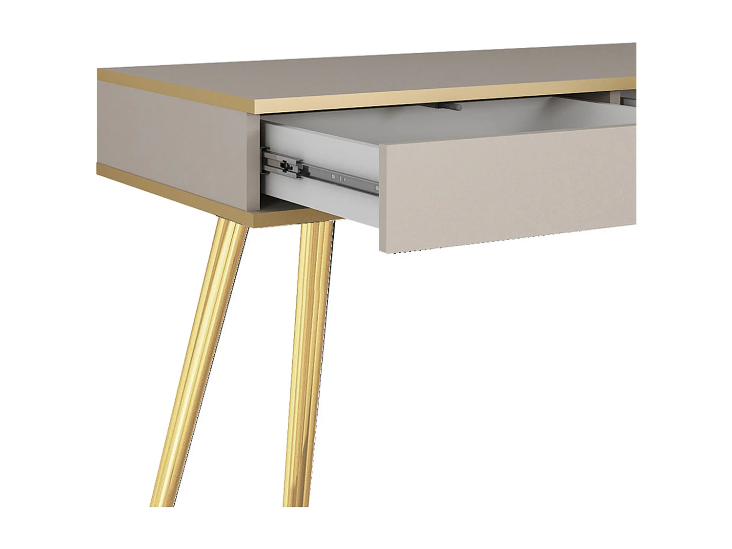 Schminktisch 102x80x50 cm, Beige, 2 Schubladen, glatte Front, kratzfeste Platte, Metallbeine Gold, Push-to-Open