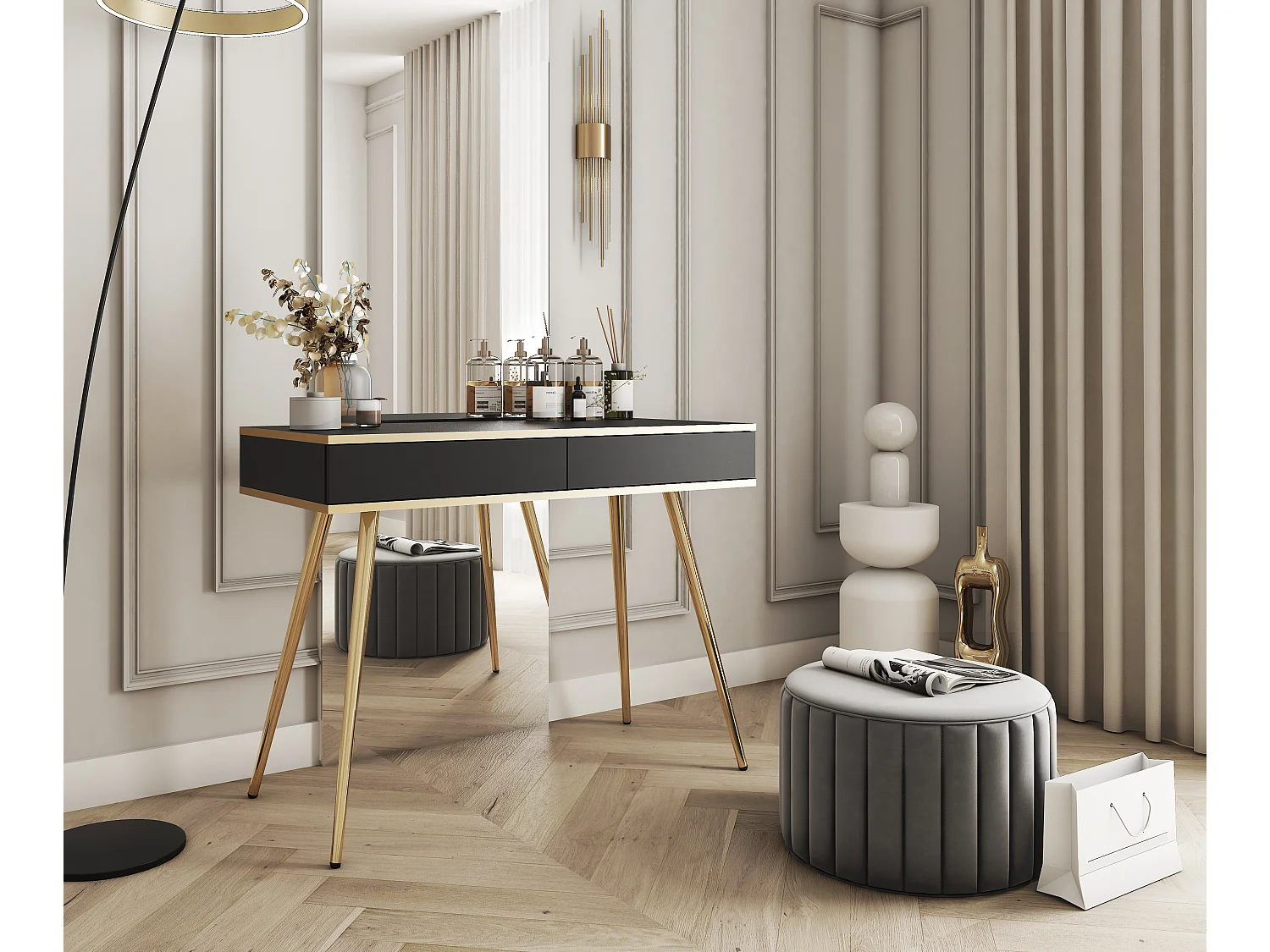 Schminktisch 102x80x50 cm, Schwarz, 2 Schubladen, glatte Front, kratzfeste Platte, Metallbeine Gold, Push-to-Open