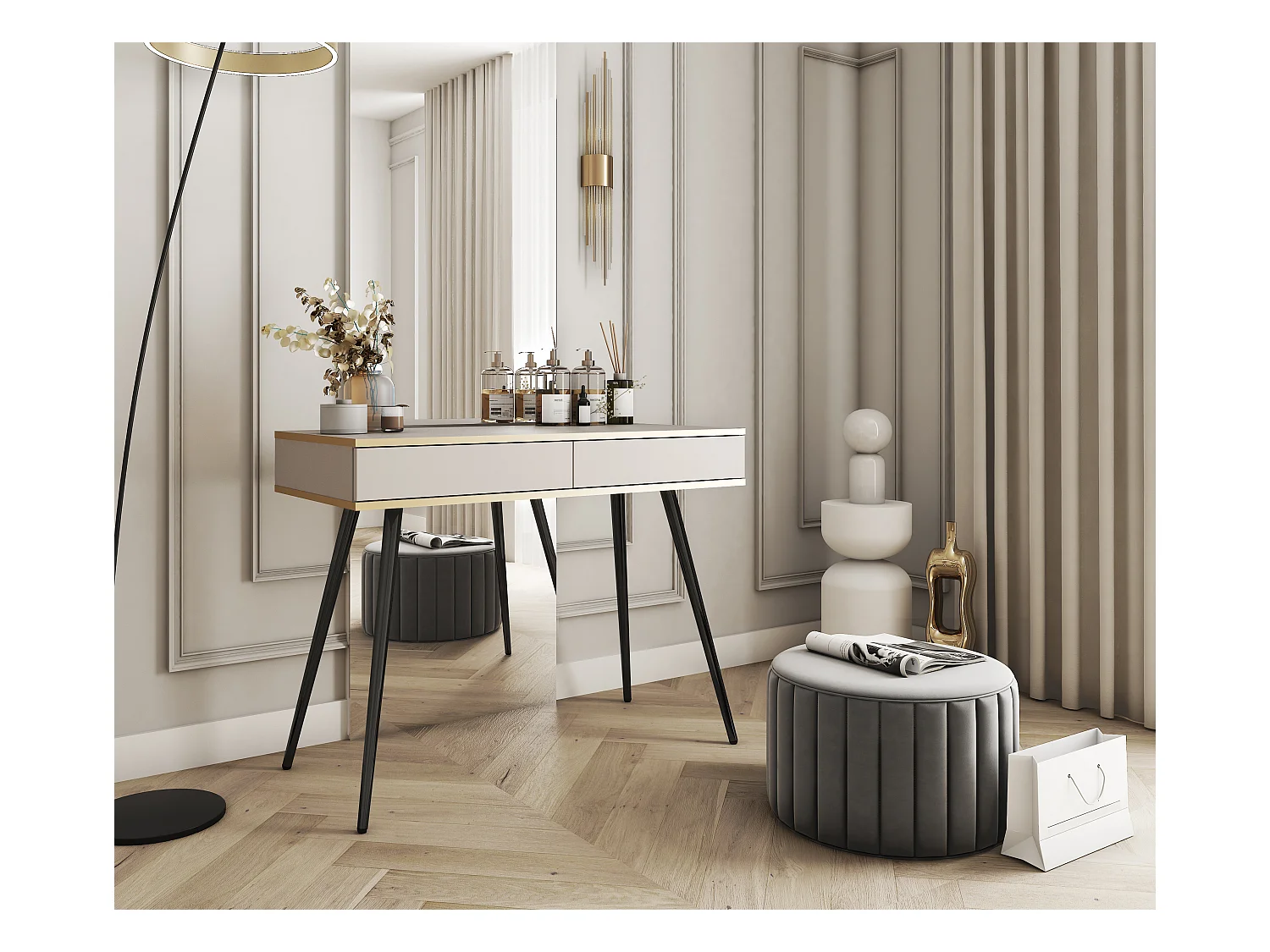 Coiffeuse 102x80x50 cm, Beige, 2 Tiroirs, Façade Lisse, Plateau Anti-Rayures, Pieds Métal Noir, Push-to-Open