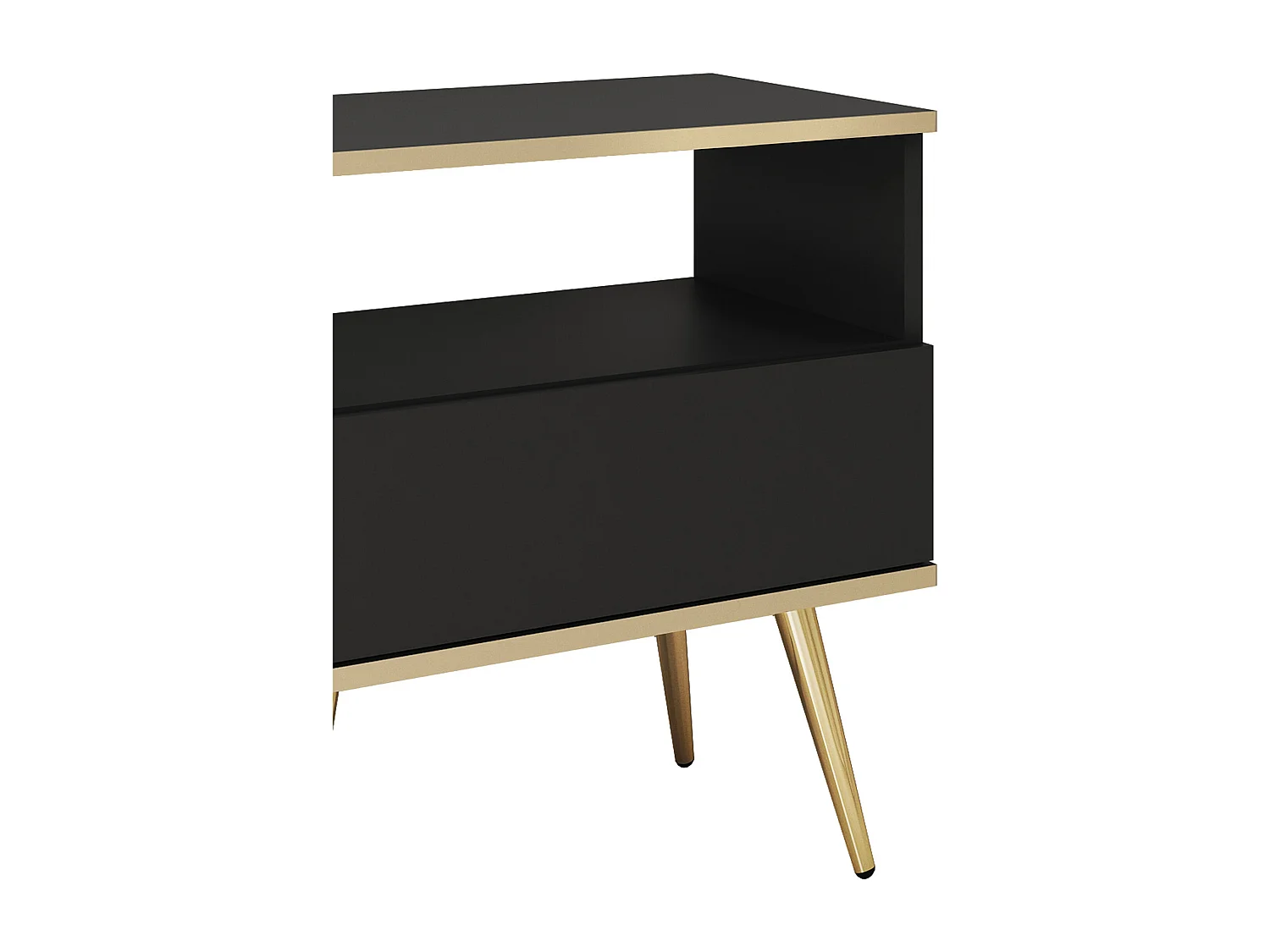 Nachtkastje Zwart met Lade en Open Vlak 59x54x39 cm, Gelamineerd Krasbestendig Paneel, Metalen Poten Goud, Push-to-Open Systeem