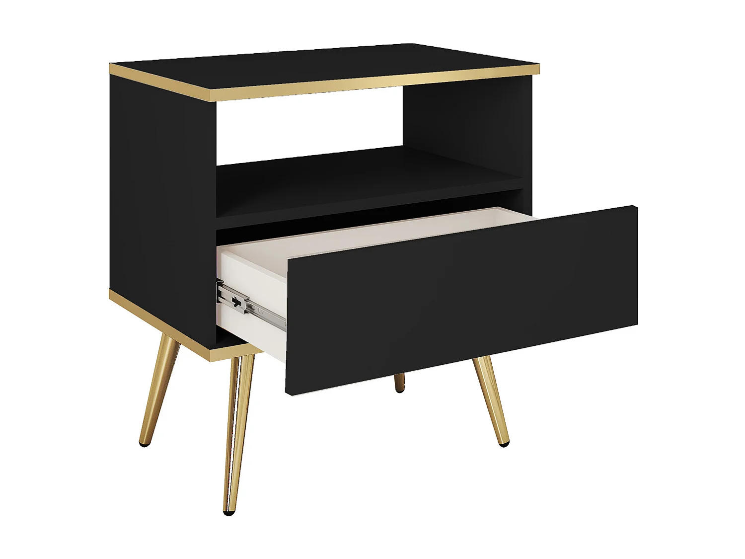 Nachtkastje Zwart met Lade en Open Vlak 59x54x39 cm, Gelamineerd Krasbestendig Paneel, Metalen Poten Goud, Push-to-Open Systeem
