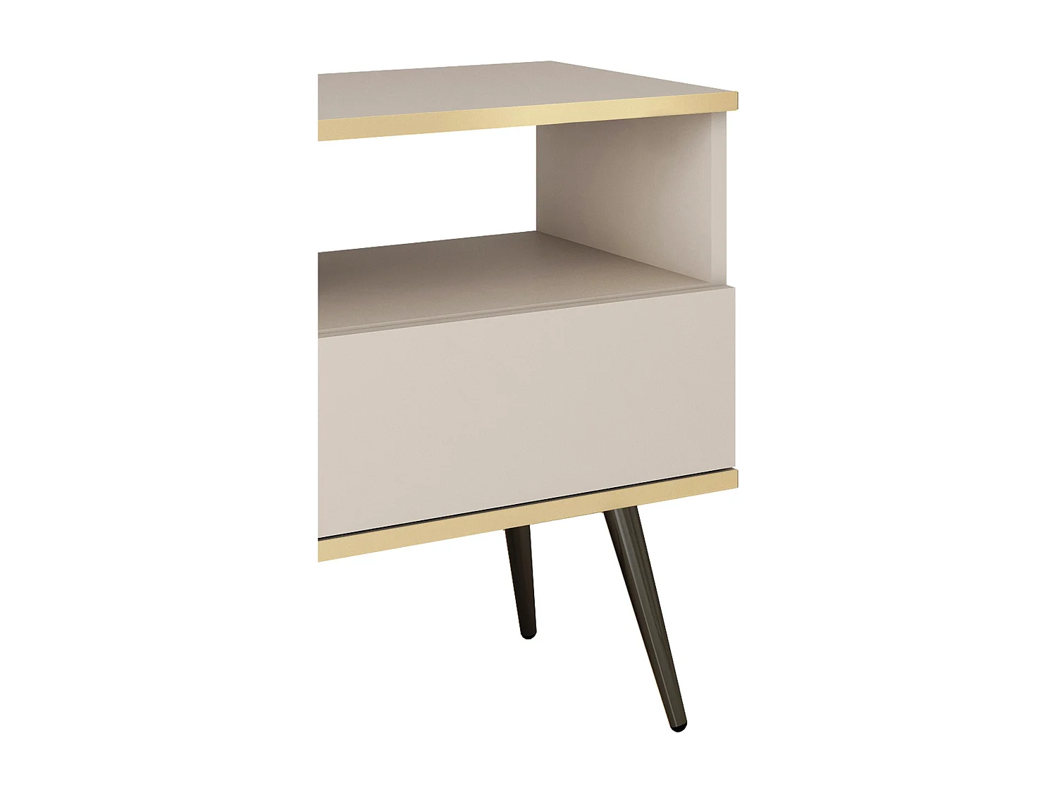 Stolik nocny beżowy, z szufladą i otwartą półką 59x54x39 cm, laminat odporny na zarysowania, czarne metalowe nogi, Push-to-Open