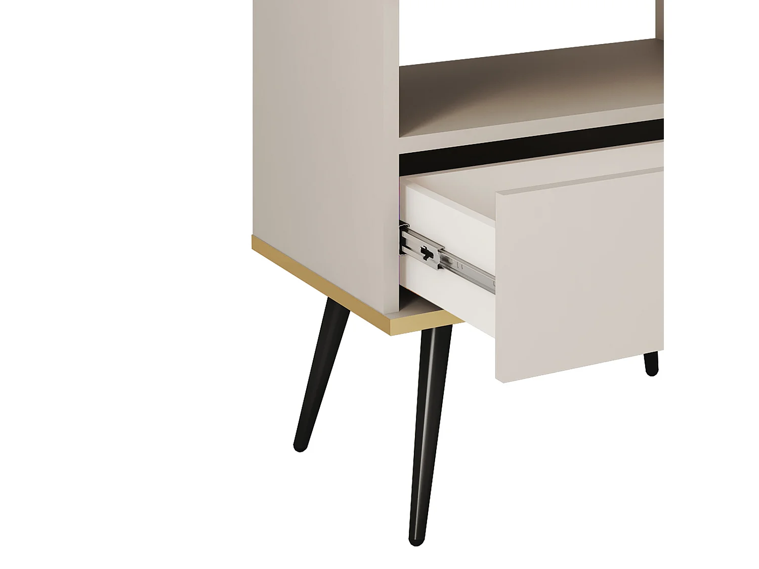 Stolik nocny beżowy, z szufladą i otwartą półką 59x54x39 cm, laminat odporny na zarysowania, czarne metalowe nogi, Push-to-Open