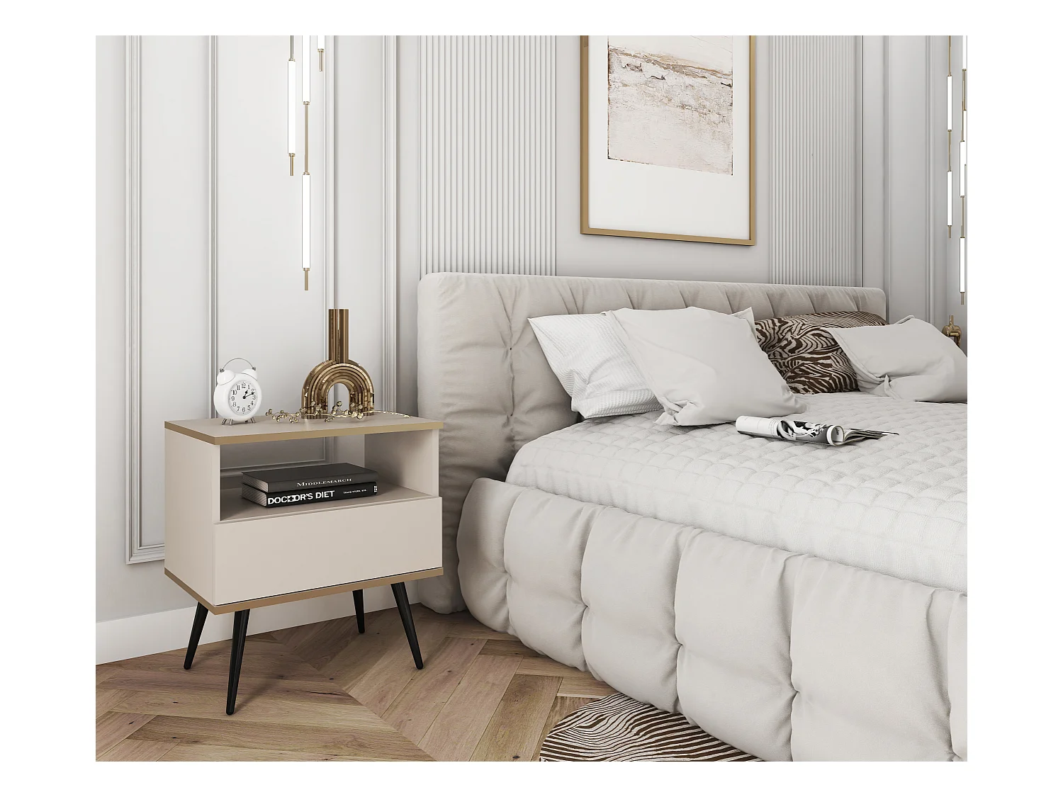Table de Nuit Beige, 1 Tiroir, 1 Niche, 59x54x39 cm, Panneau Stratifié Anti-Rayures, Pieds Métal Noir, Push-to-Open