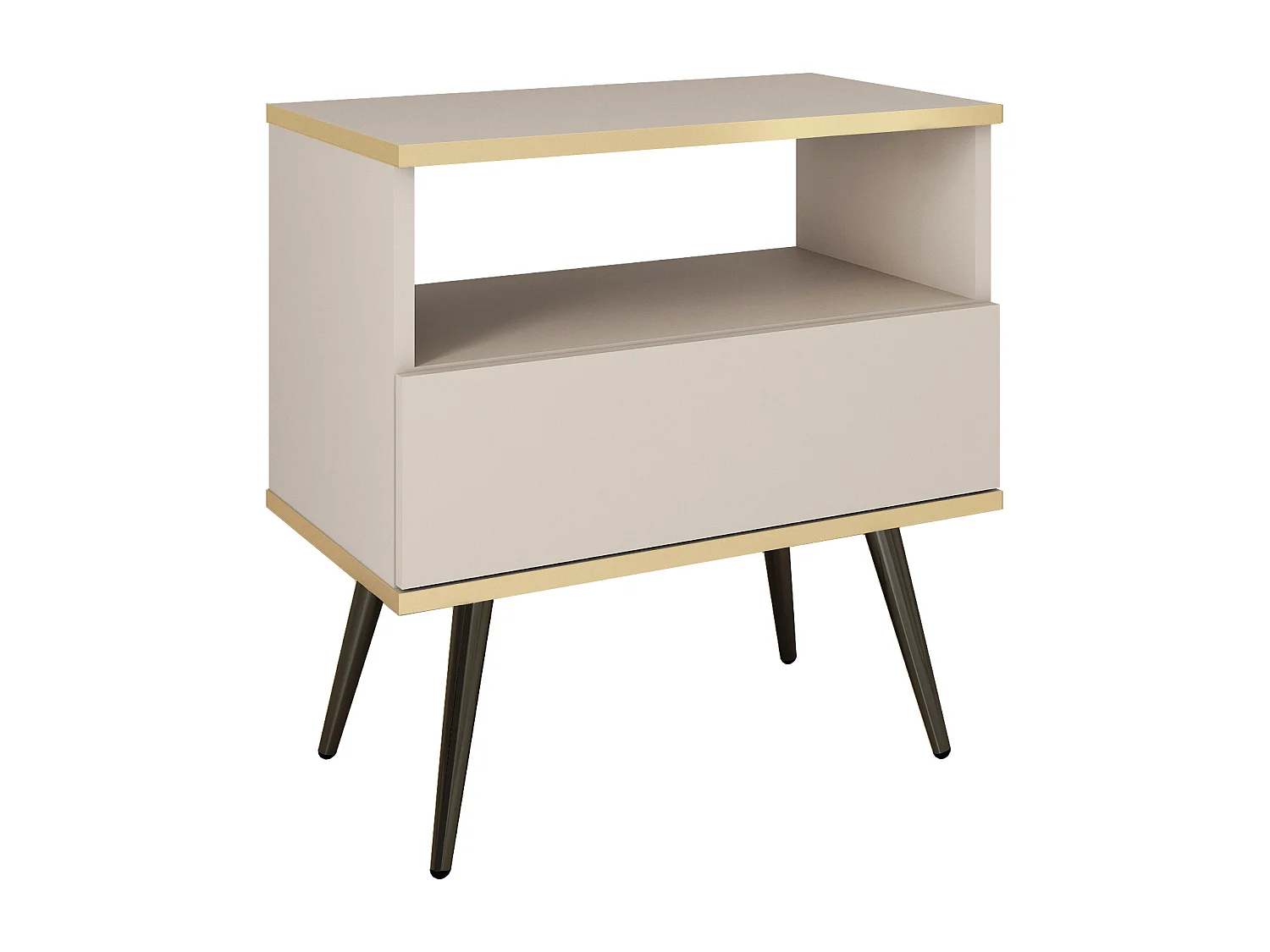 Nachtkastje Beige met Lade en Open Vlak 59x54x39 cm, Gelamineerd Krasbestendig Paneel, Metalen Poten Zwart, Push-to-Open Systeem