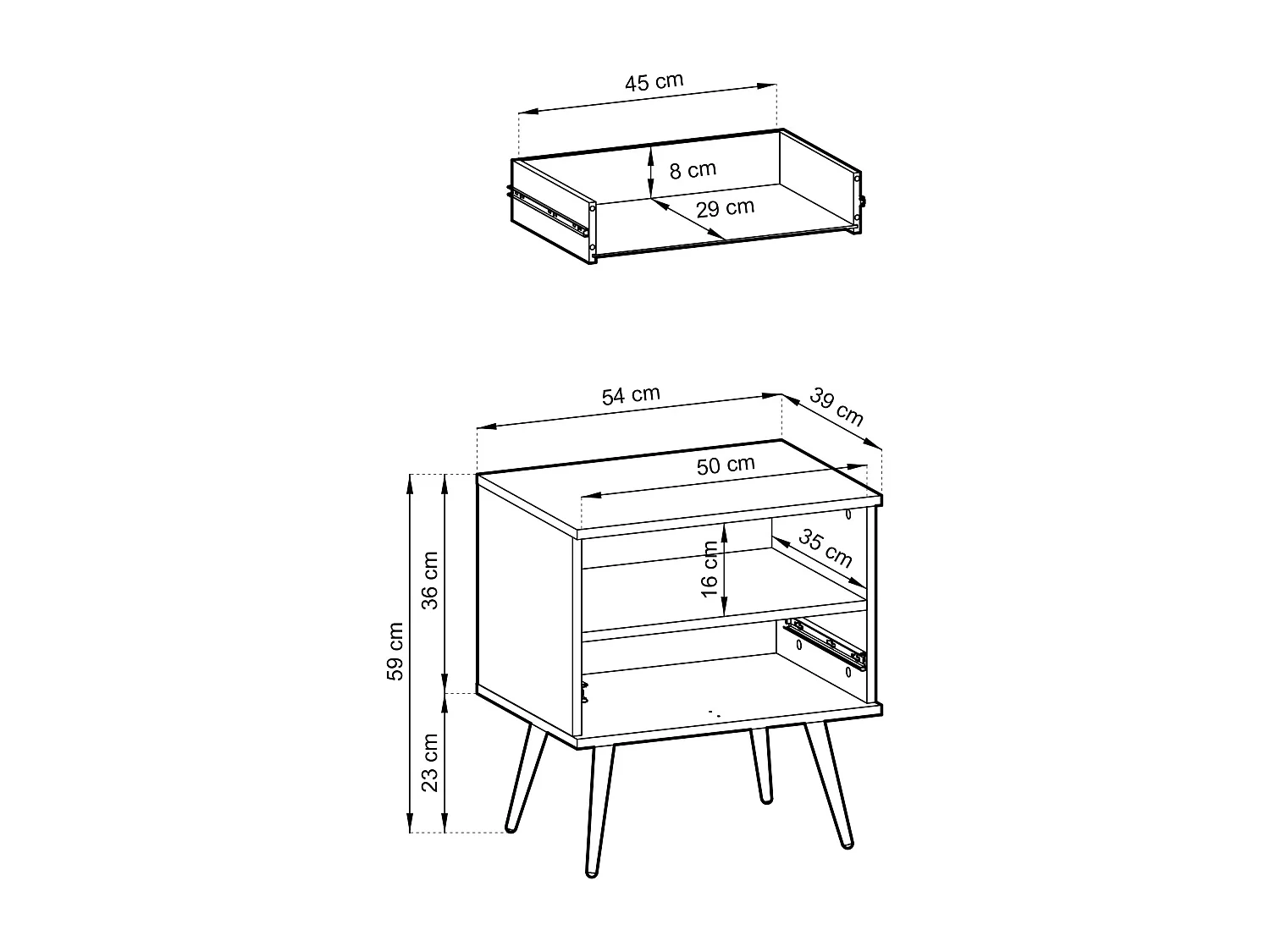 Nachtkastje Beige met Lade en Open Vlak 59x54x39 cm, Gelamineerd Krasbestendig Paneel, Metalen Poten Zwart, Push-to-Open Systeem