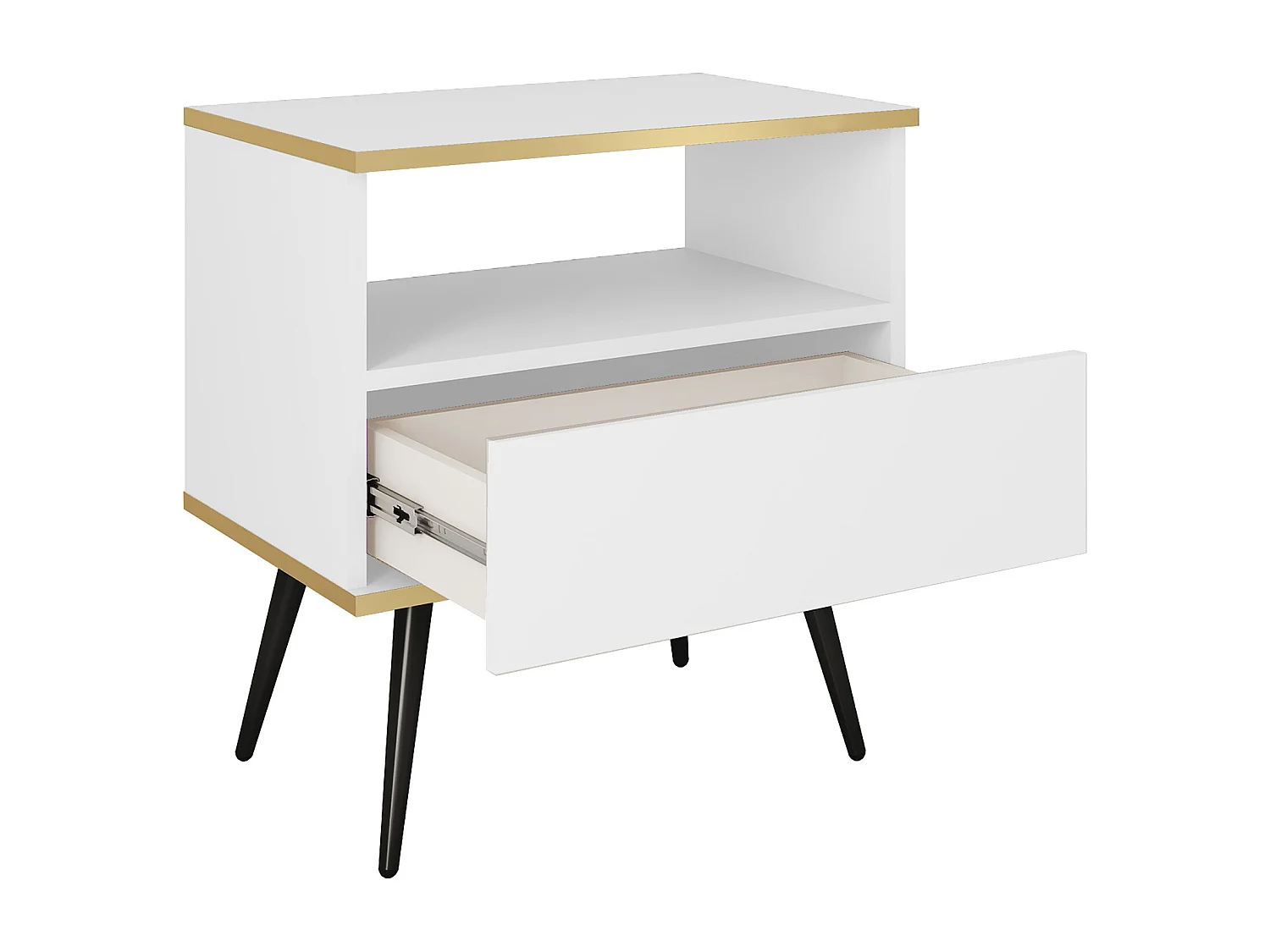 Nachtkastje Wit met Lade en Open Vlak 59x54x39 cm, Gelamineerd Krasbestendig Paneel, Metalen Poten Zwart, Push-to-Open Systeem